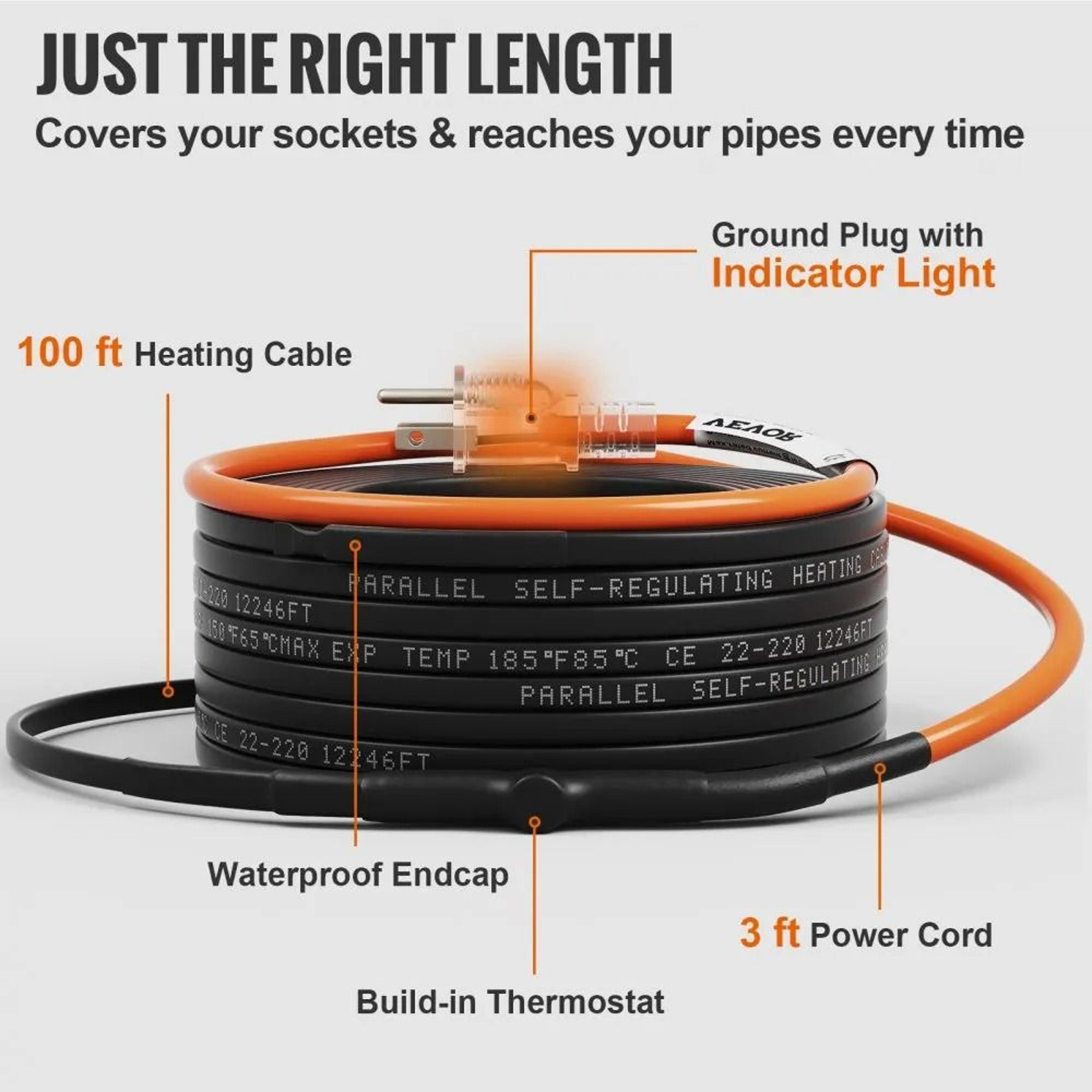 100ft Self Regulating Pipe Heating Cable 5Wft Freeze Protection Heat Tape 3