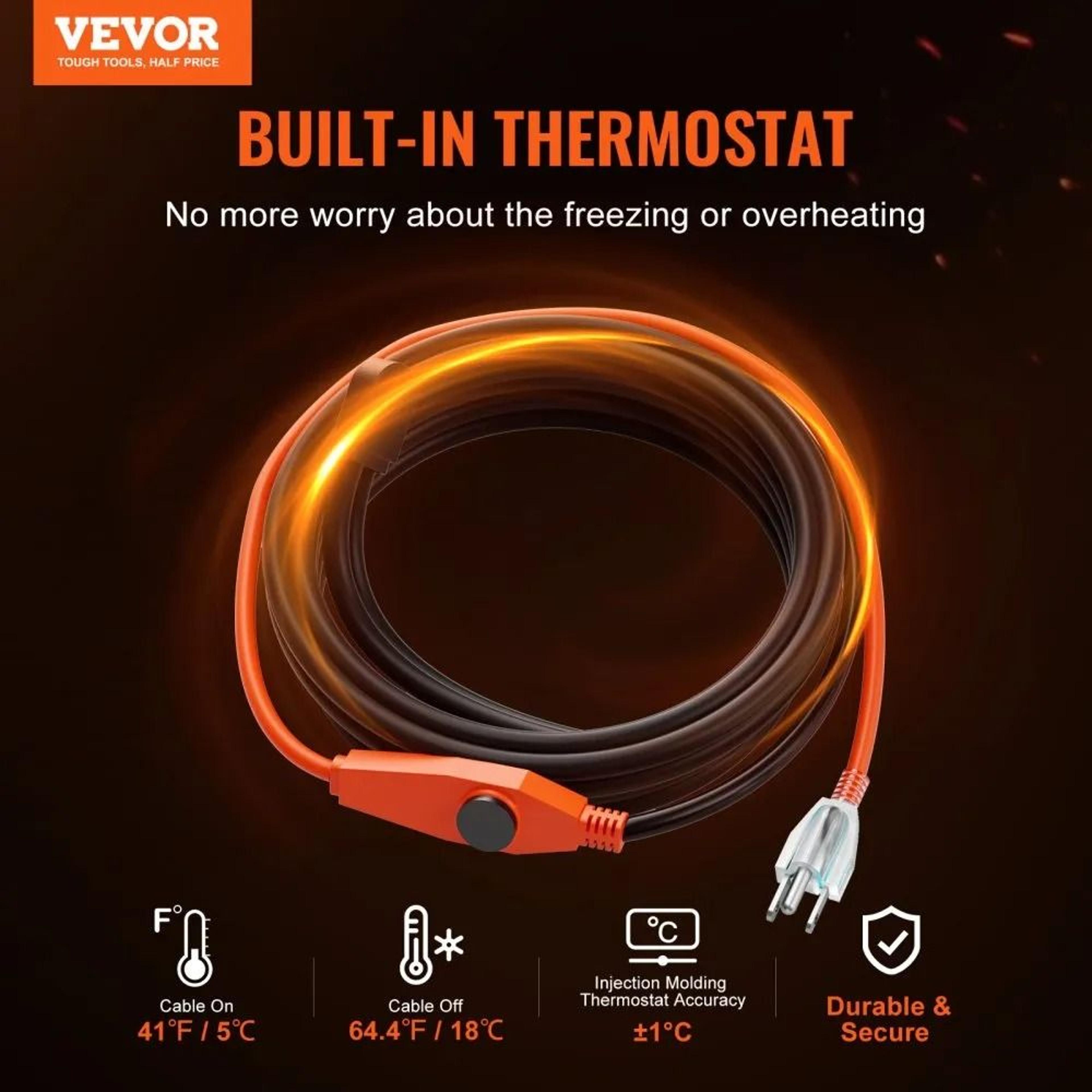 80FT Pipe Heating Cable With Thermostat 7WFT Heat Tape For Frozen Pipe Protection 7