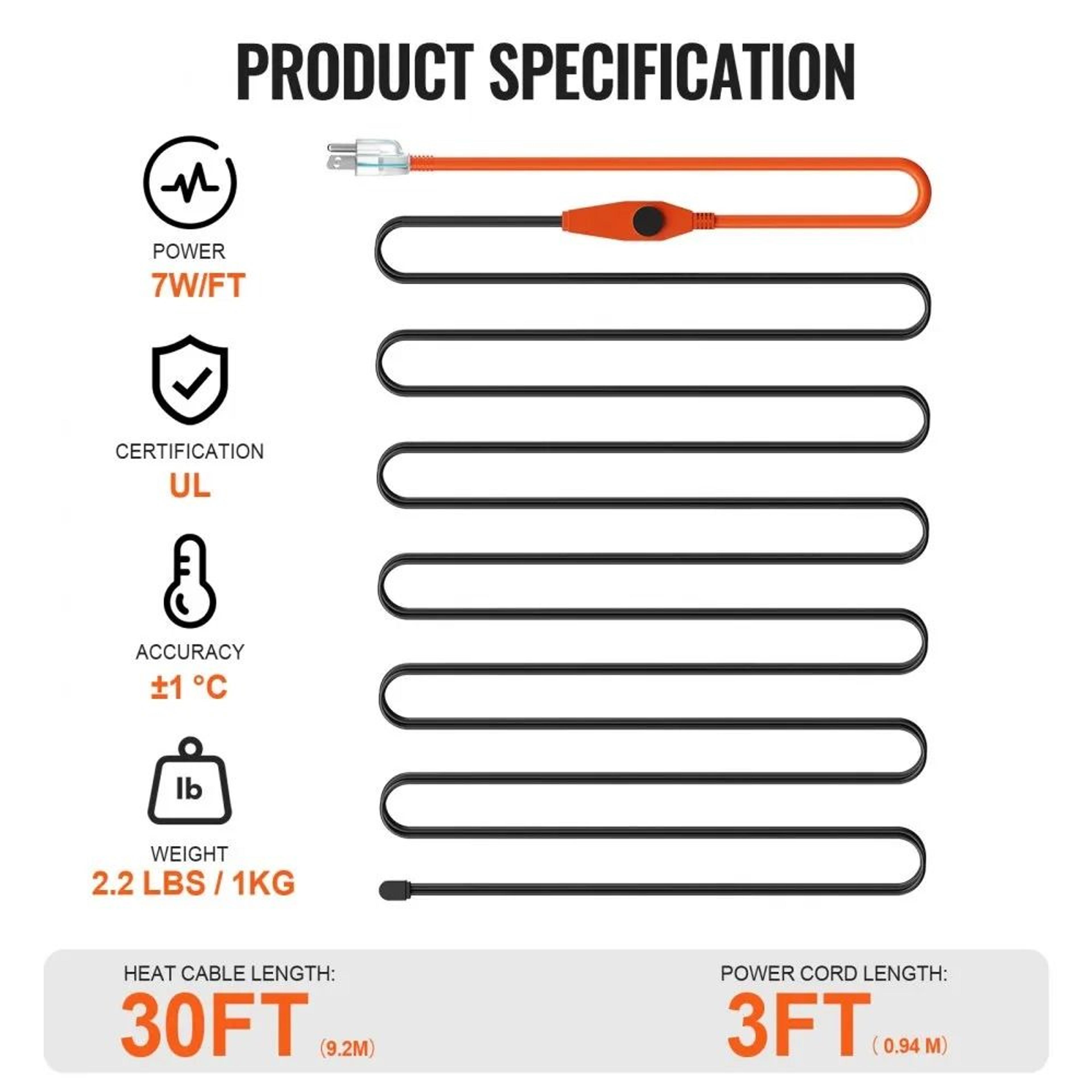 30FT Pipe Heating Cable 7W FT Heat Tape With Thermostat For Freeze Protection 1