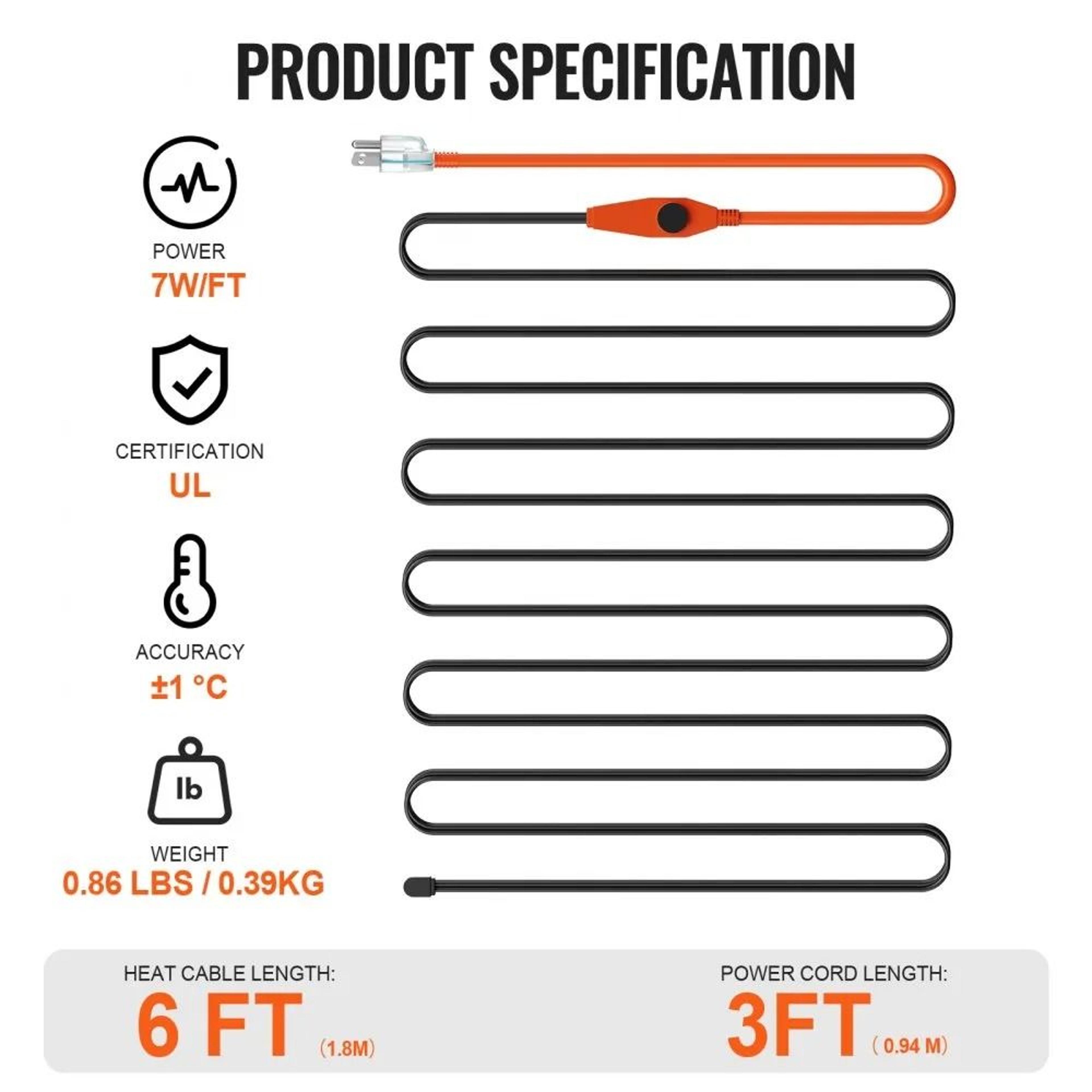 6FT Pipe Heating Cable With Thermostat 7W FT Heat Tape For Frozen Pipes 2