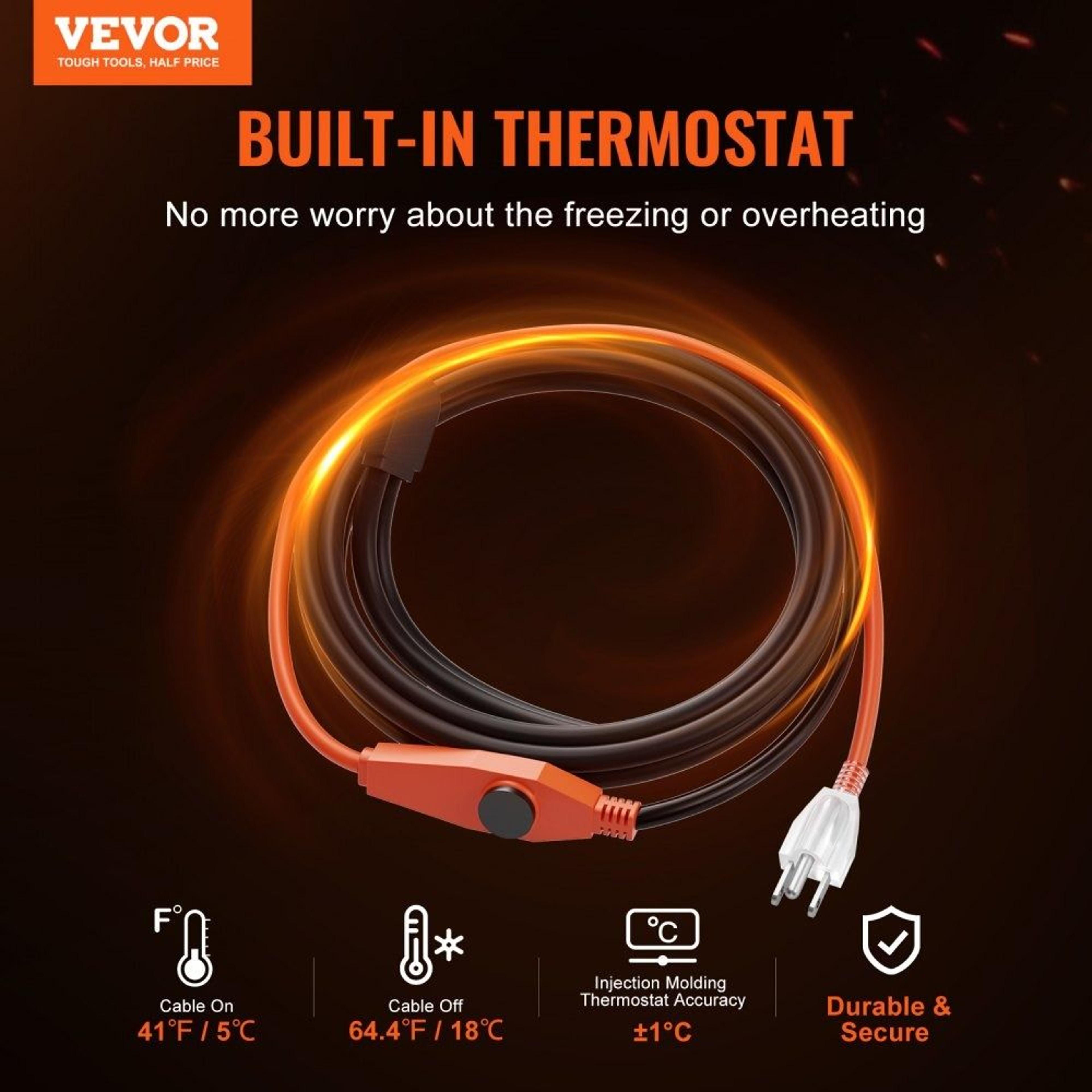 3FT Pipe Heating Cable With Thermostat 7WFT Heat Tape For Freeze Protection 1
