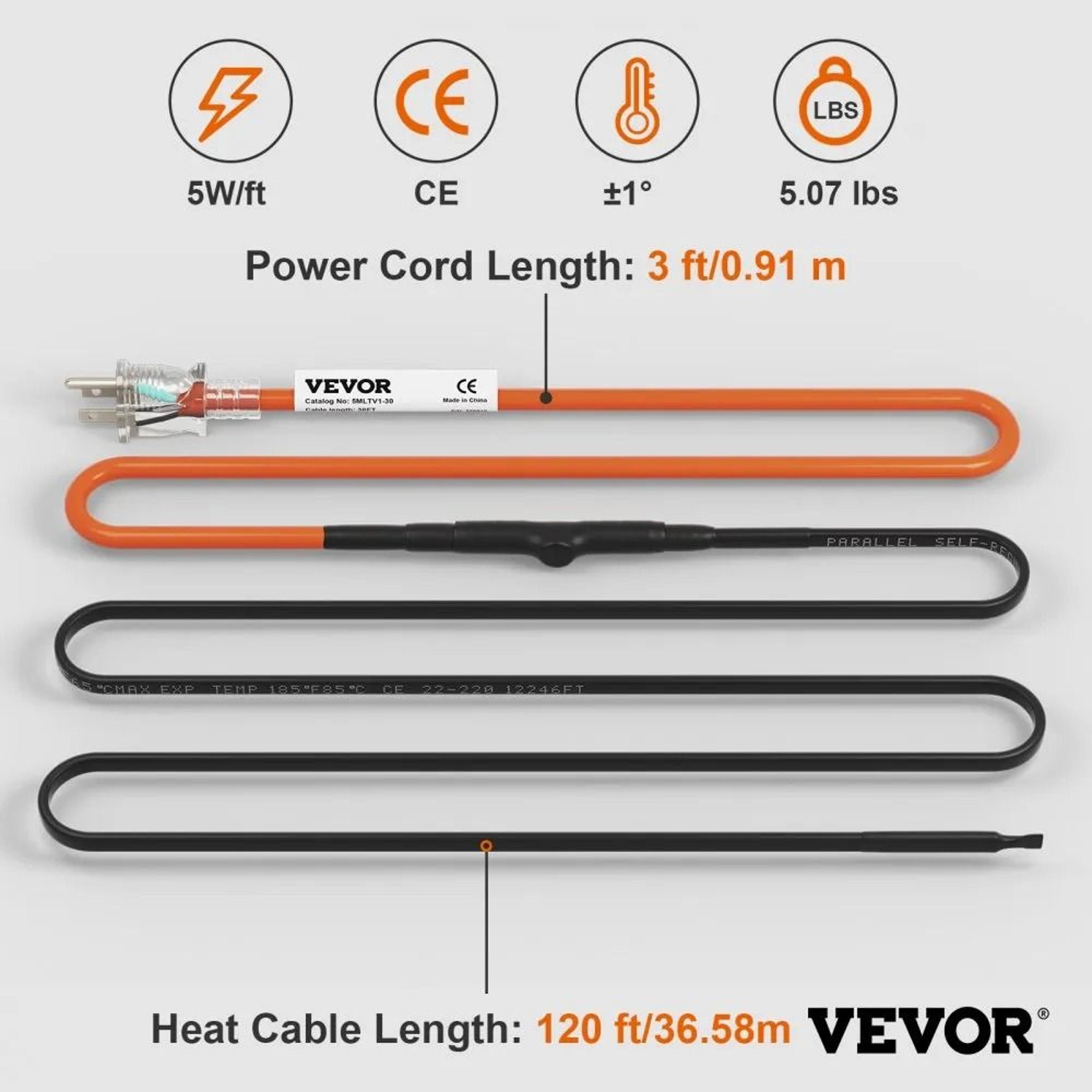 120ft Self Regulating Pipe Heating Cable 5Wft With Thermostat 1