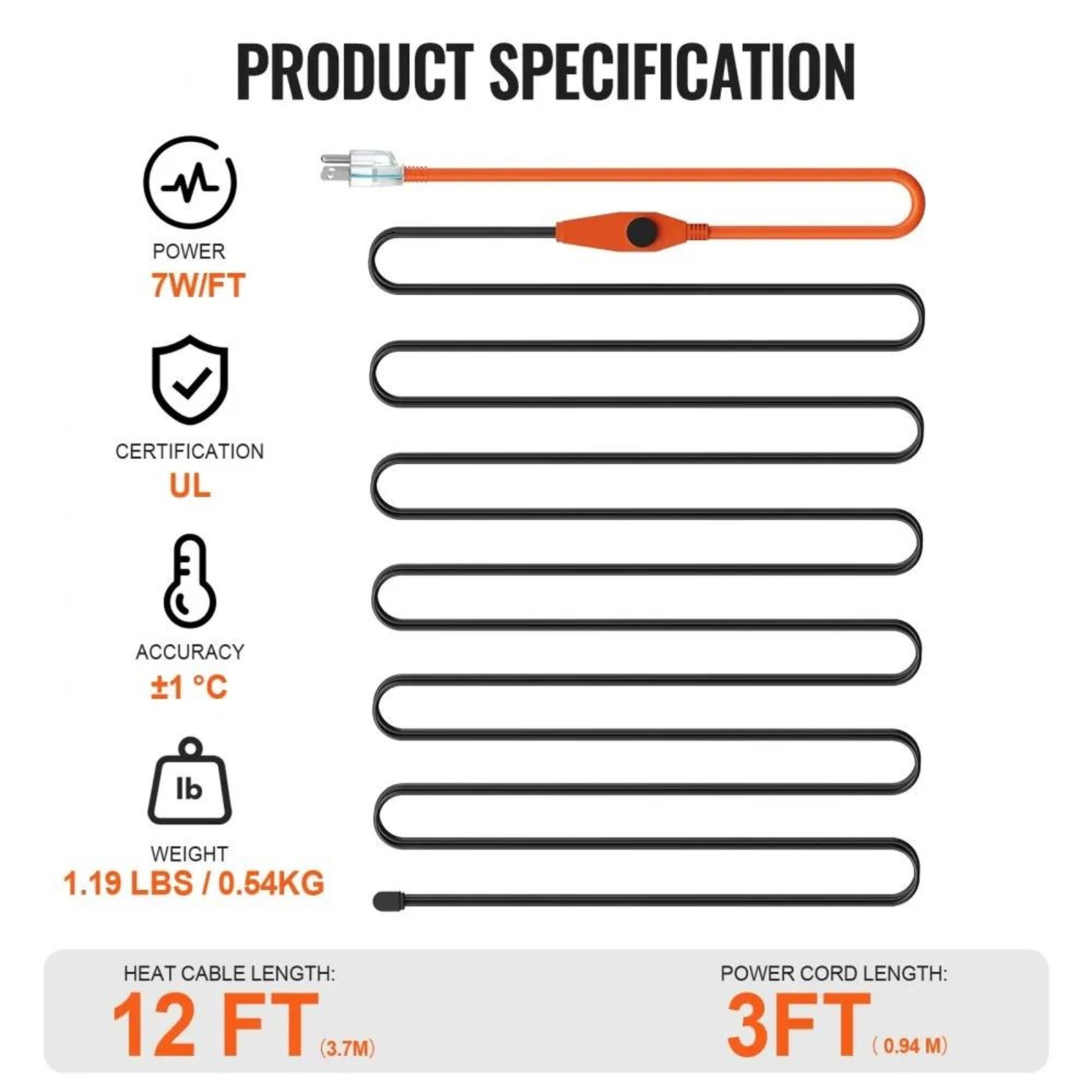 12FT Pipe Heating Cable With Thermostat 7W FT Heat Tape For Frozen Pipe Protection 1