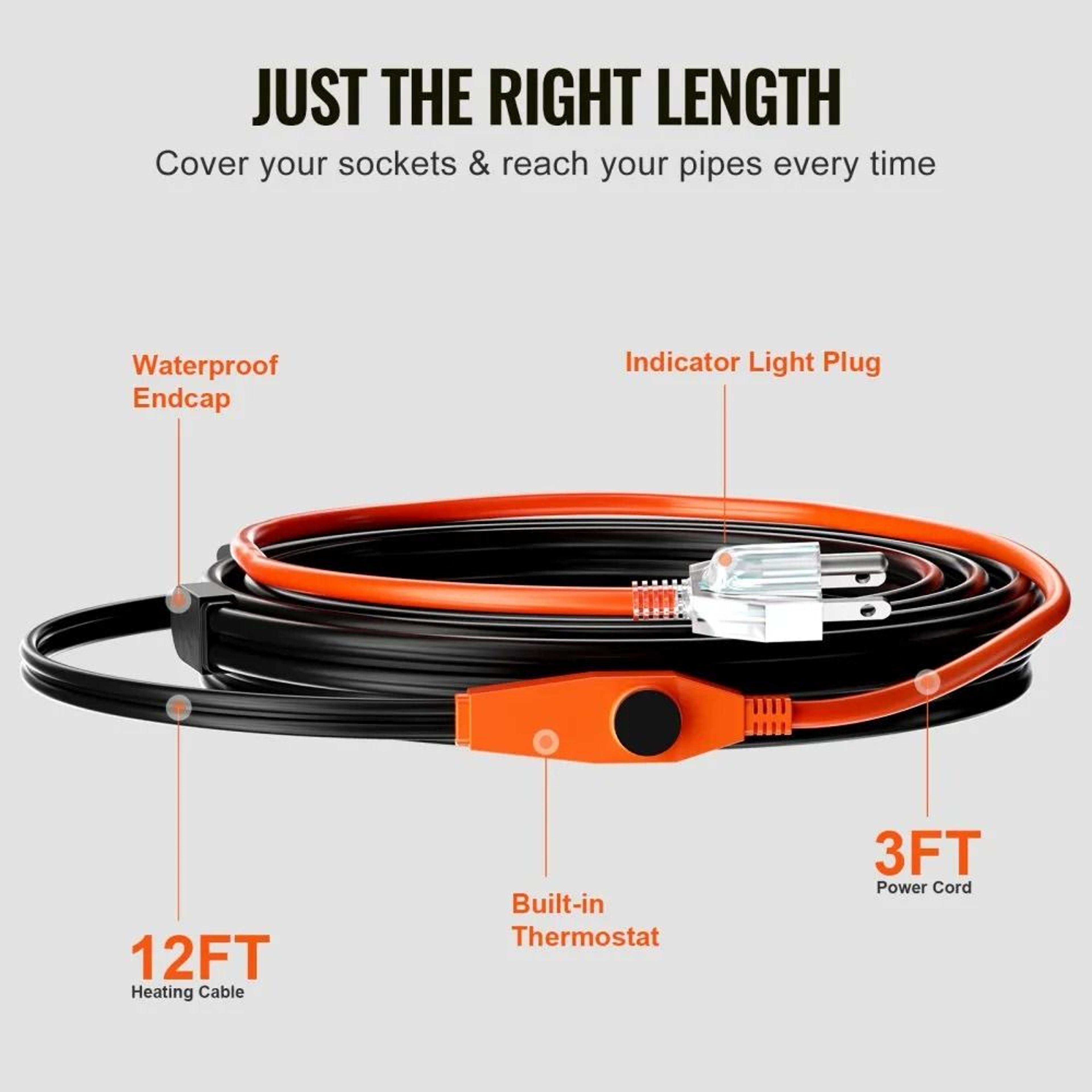 12FT Pipe Heating Cable With Thermostat 7W FT Heat Tape For Frozen Pipe Protection 3
