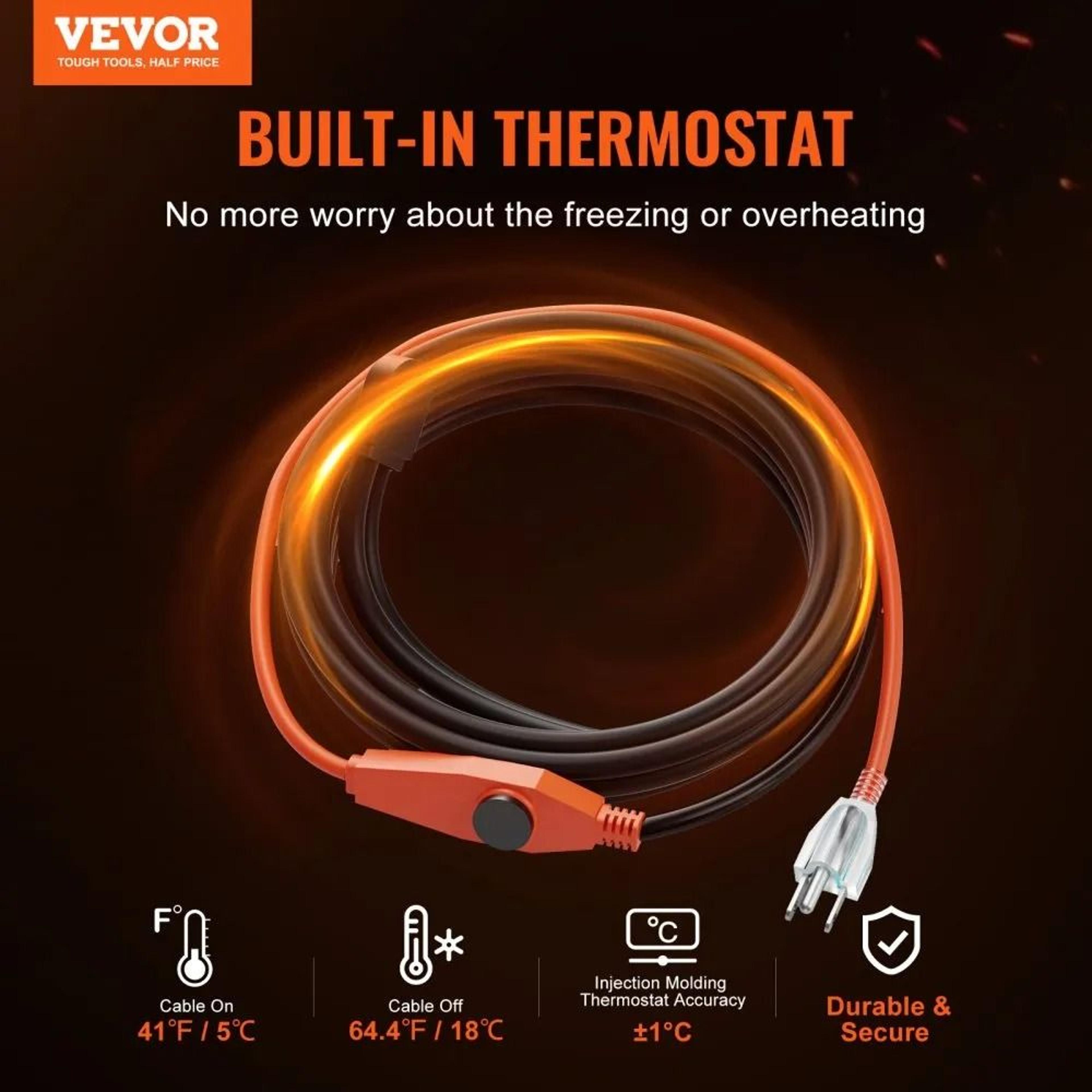12FT Pipe Heating Cable With Thermostat 7W FT Heat Tape For Frozen Pipe Protection 7