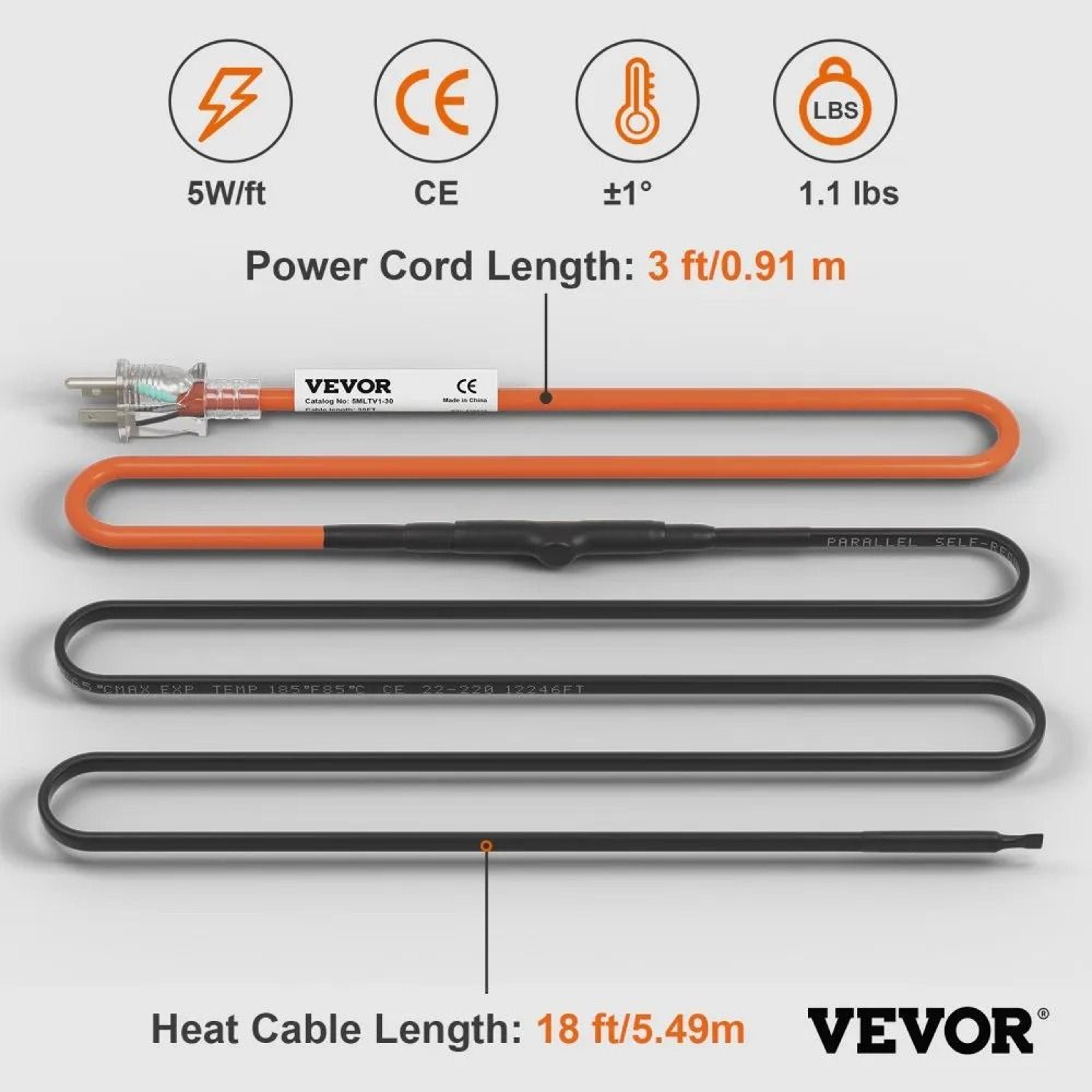 Self Regulating Pipe Heating Cable 18FT 5Wft Freeze Protection Heat Tape With Thermostat 1