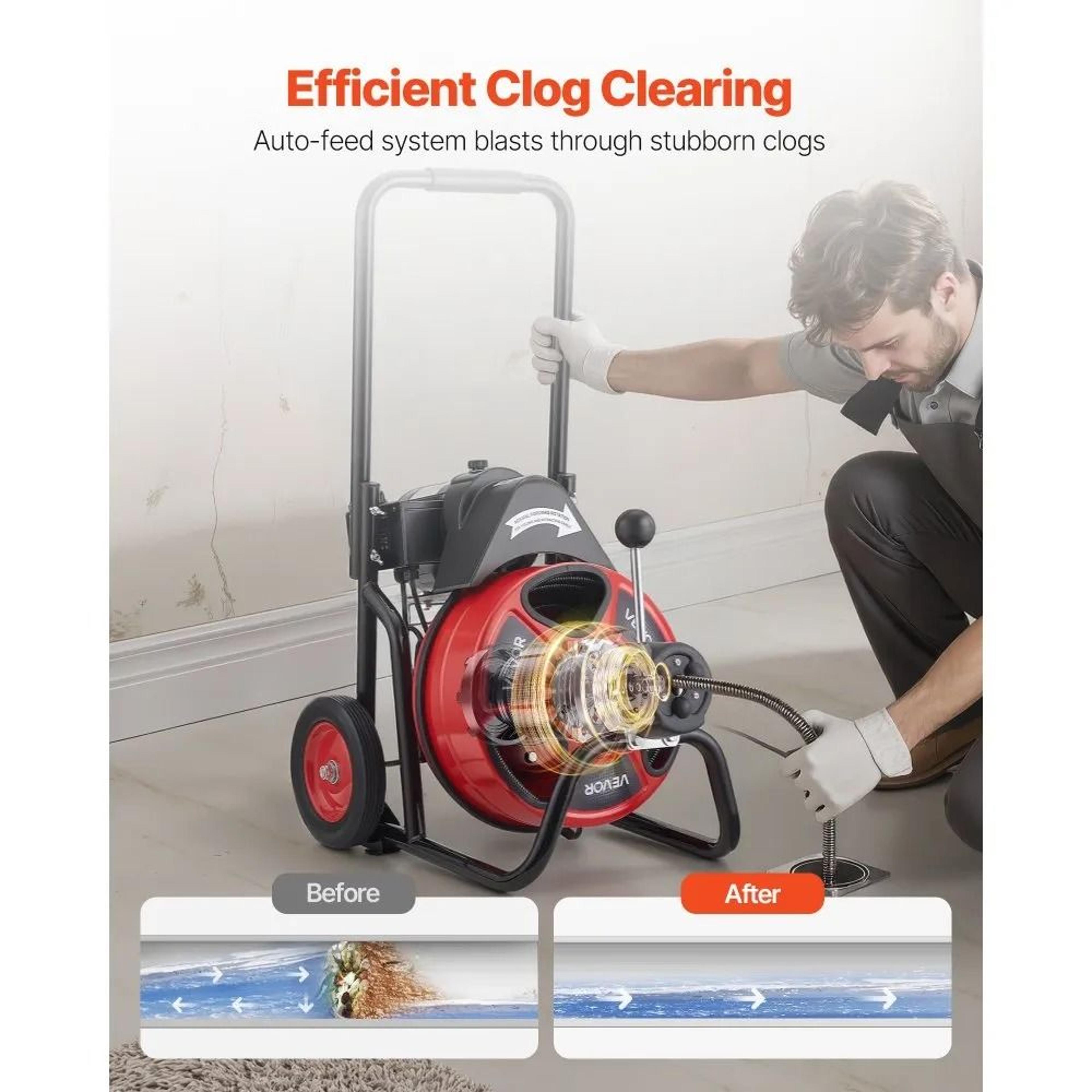Drain Cleaner Machine 50FT Auto Feed Sewer Snake Auger With 4 Cutters 1