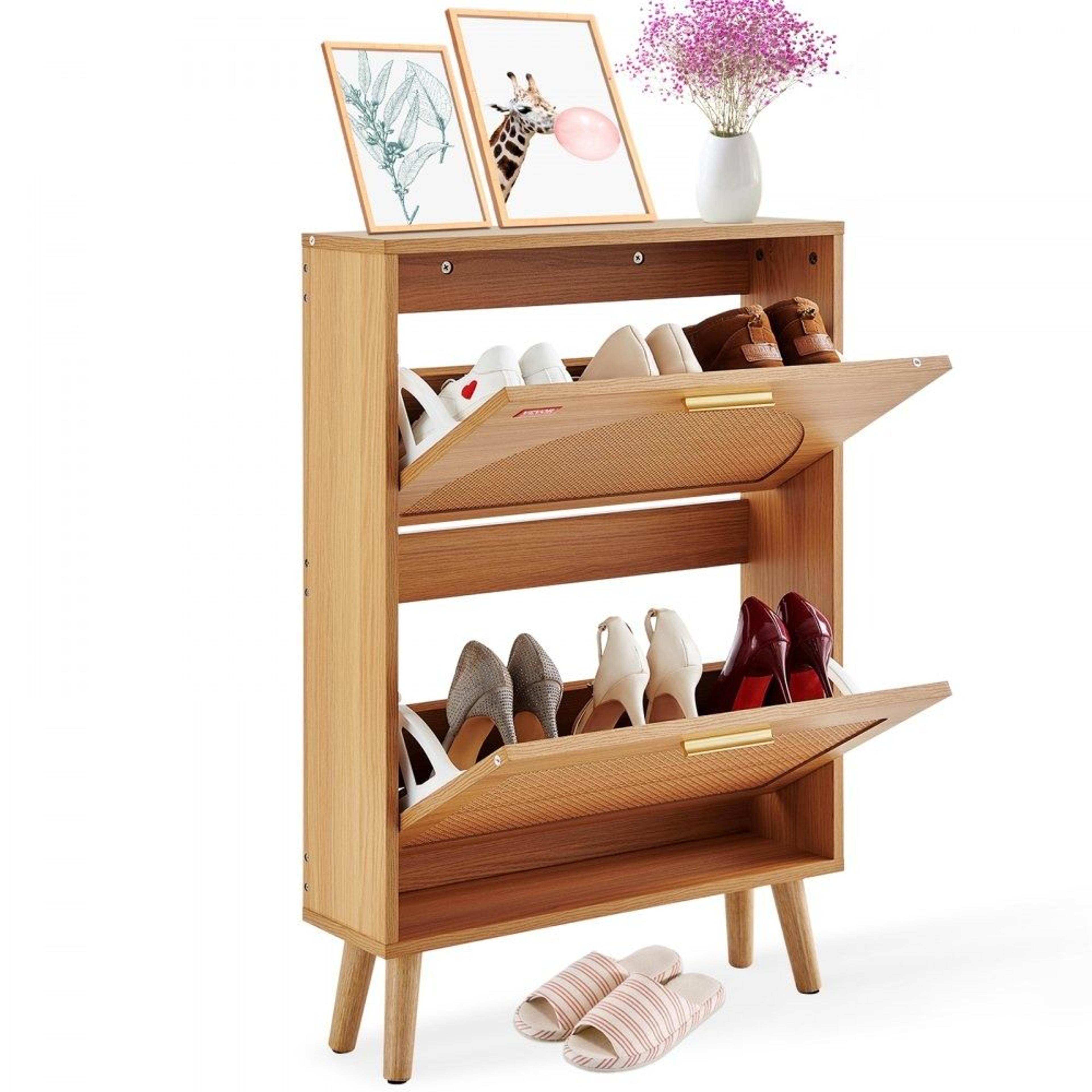 rattan shoe cabinet with 2 flip drawers space saving entryway organizer