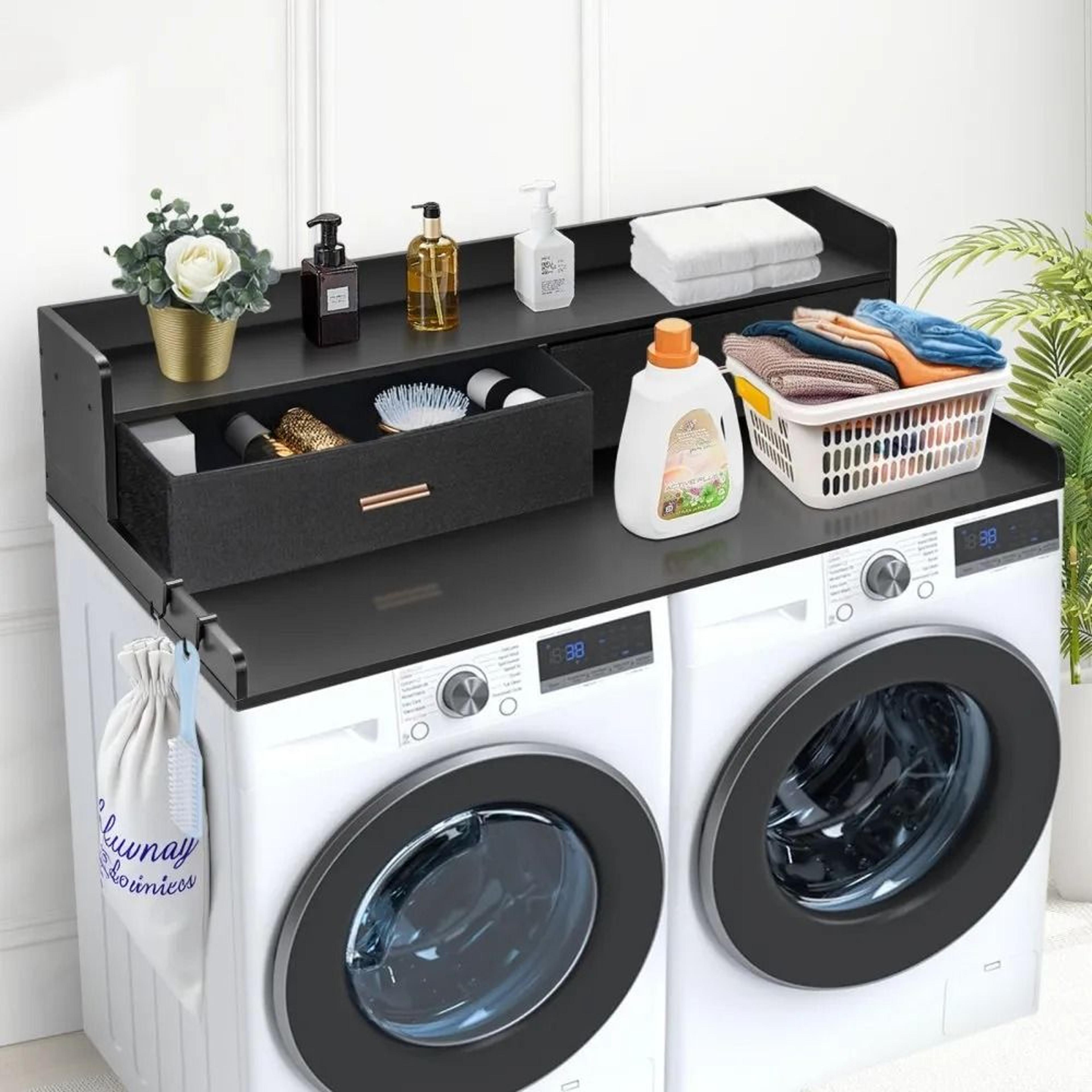 2 Drawer Washer Dryer Countertop With Shelf 54 Inch Wooden Laundry Topper For Storage 6