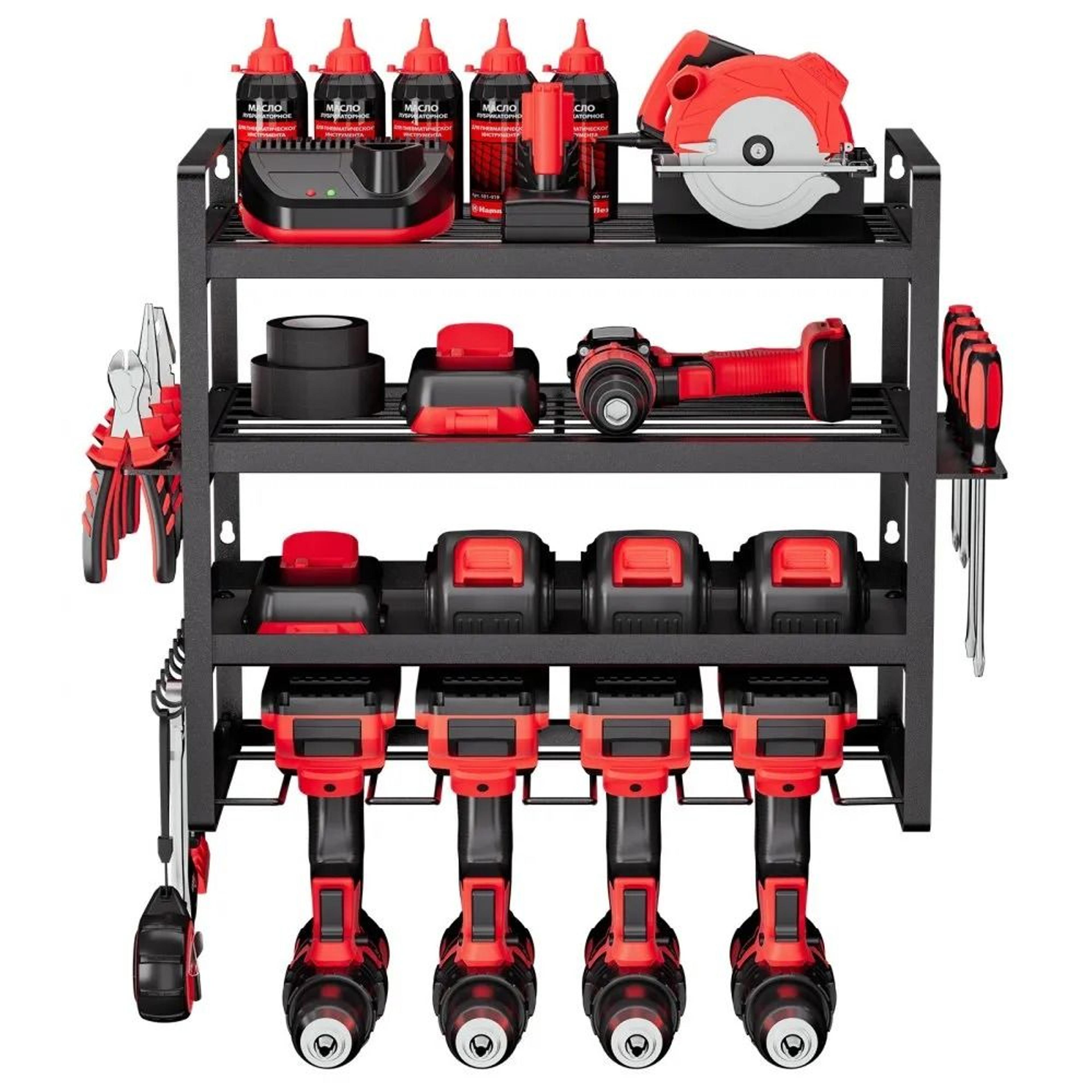 power tool organizer wall mount 4 layer drill storage rack with 4 holders