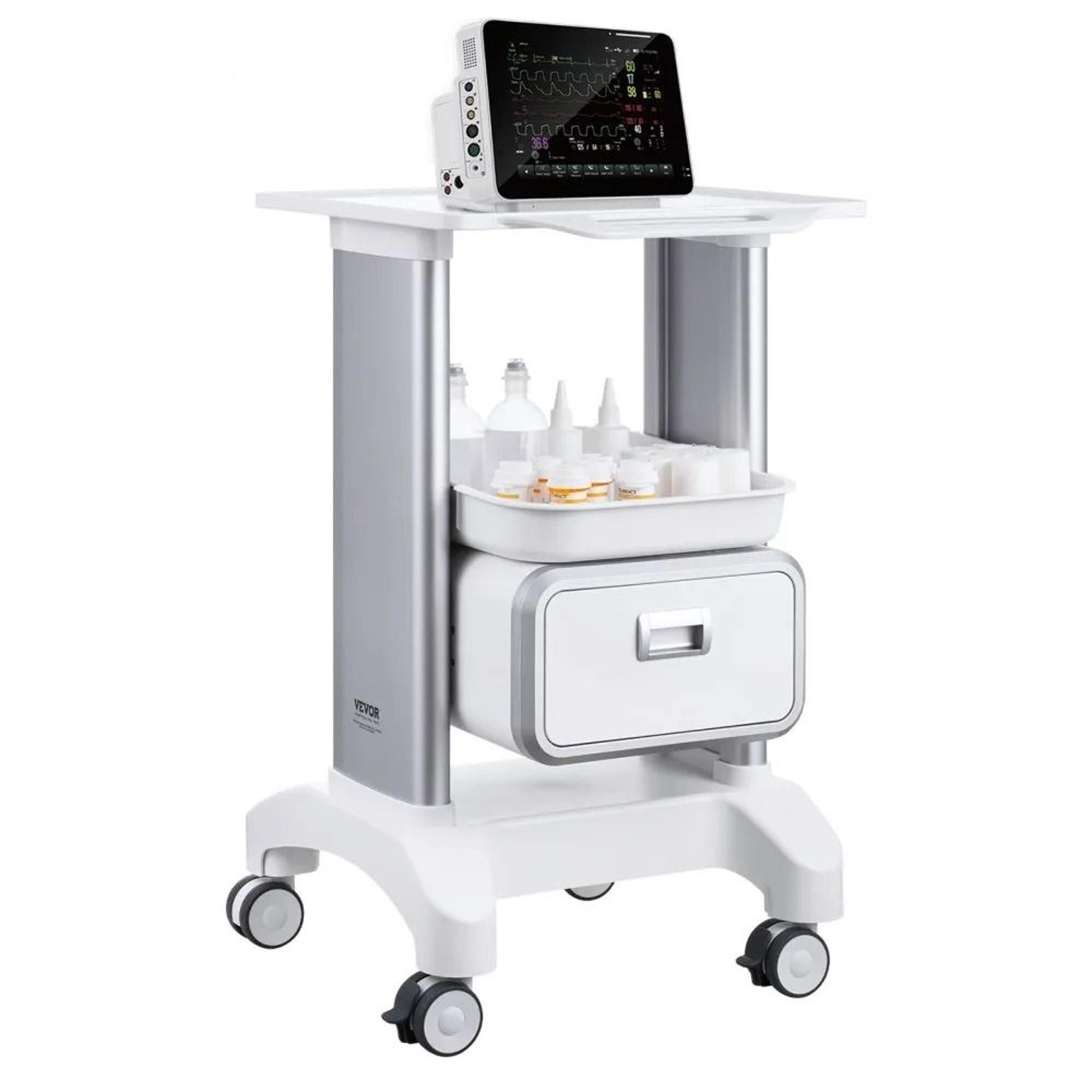 2 tier lab utility cart with drawer mobile medical cart white