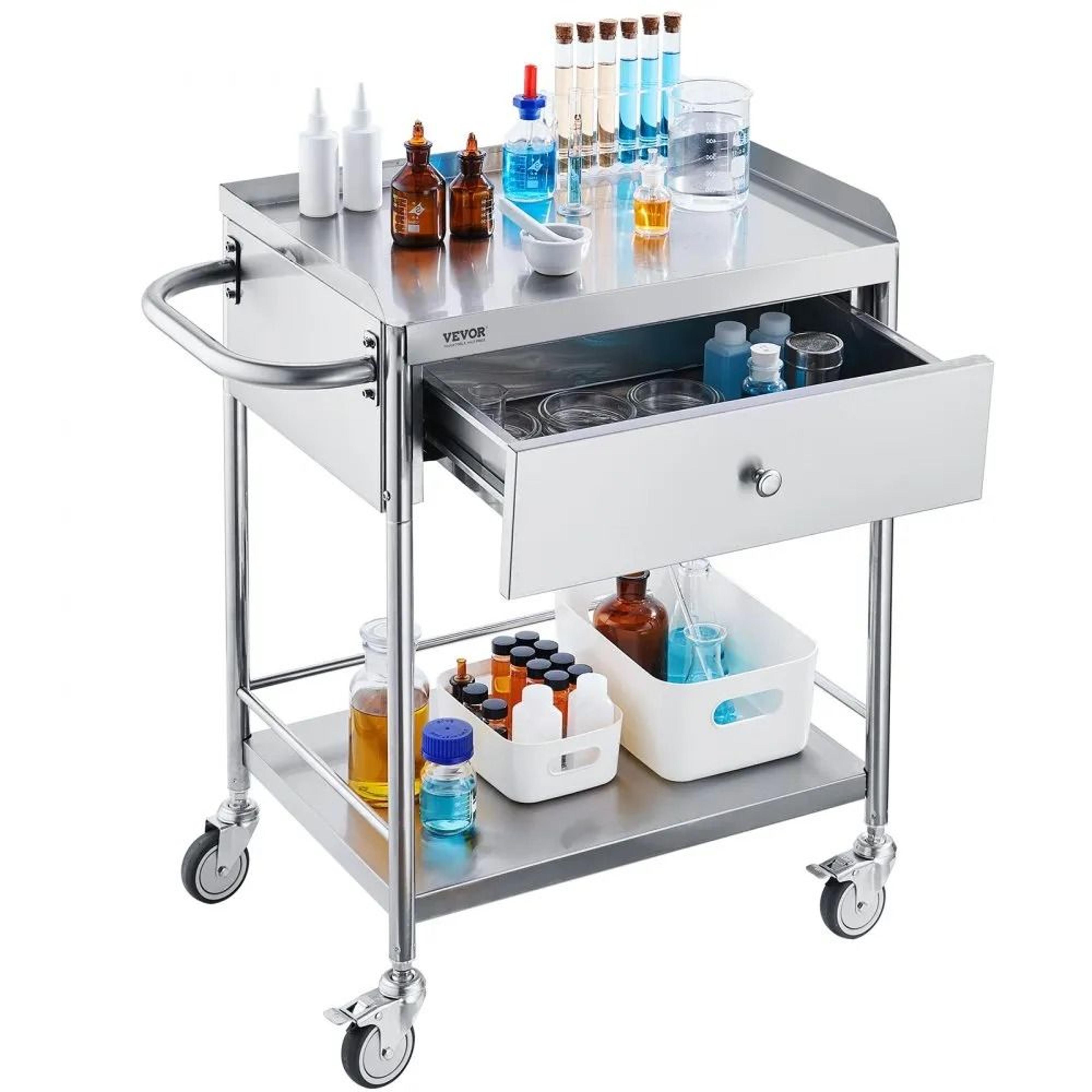 stainless steel medical cart with drawer 2 layer lab utility cart
