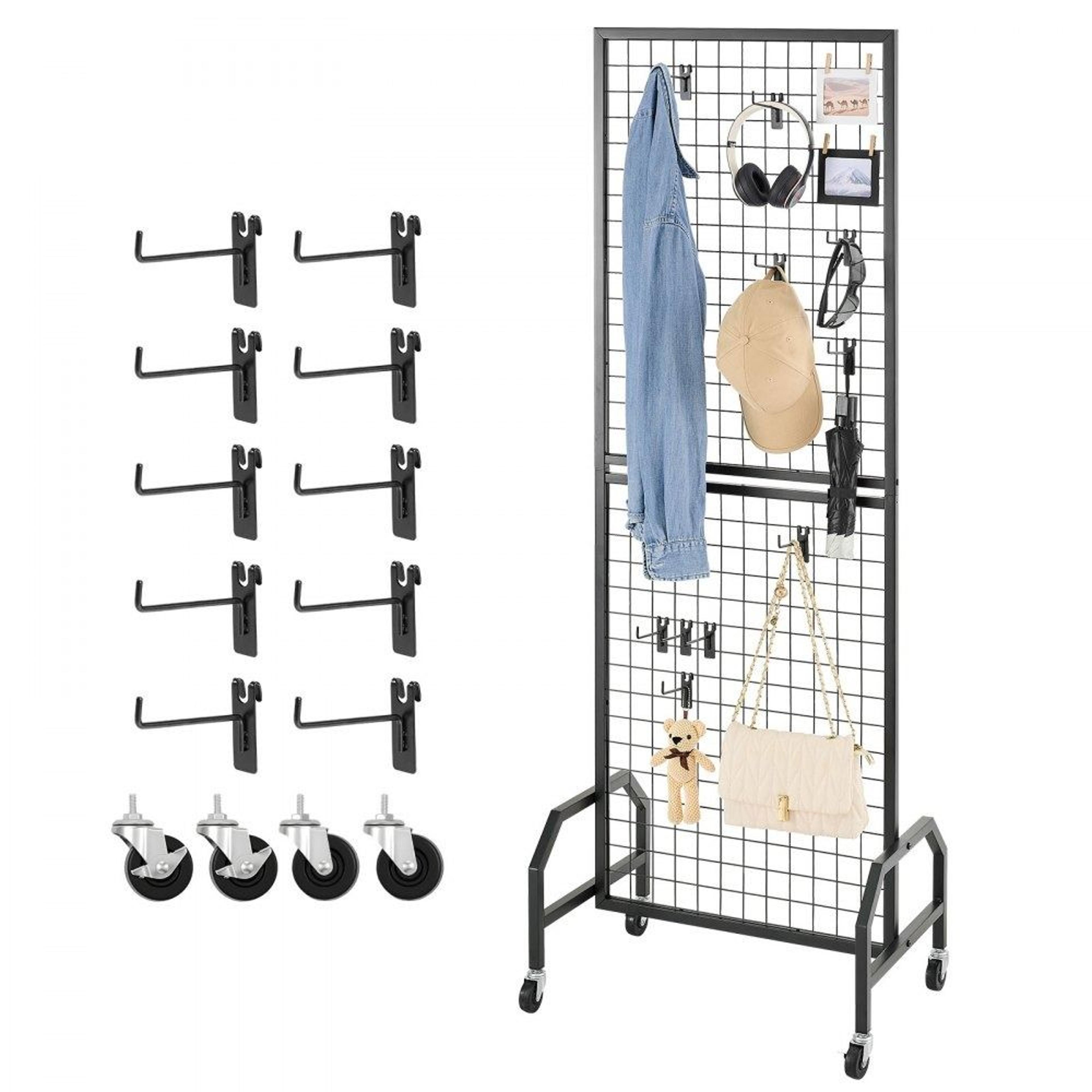 grid wall panel with wheels 10 hooks mobile wire display rack