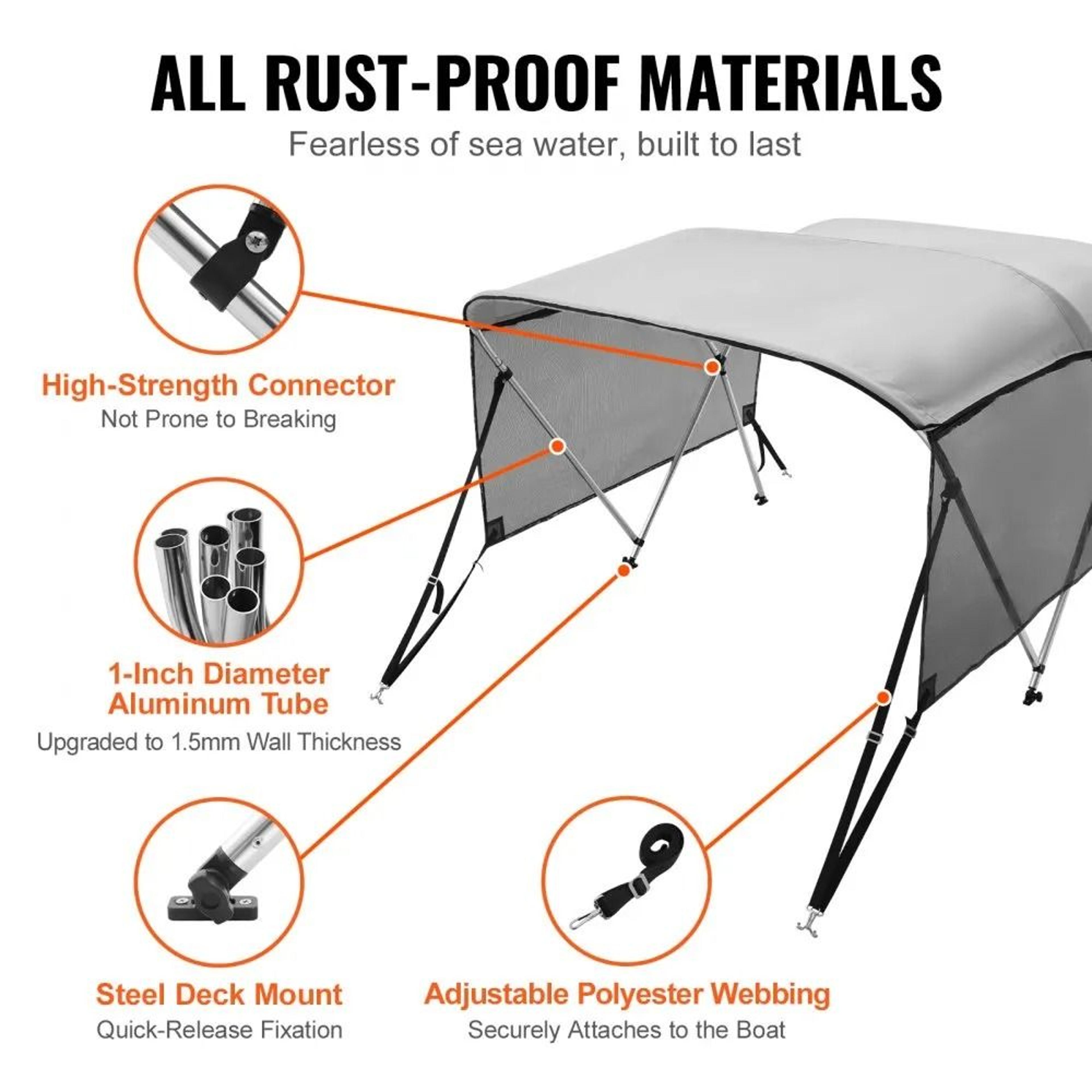 3 Bow Bimini Top For Boat With Detachable Mesh Sidewalls 600D Cover Light Grey 2