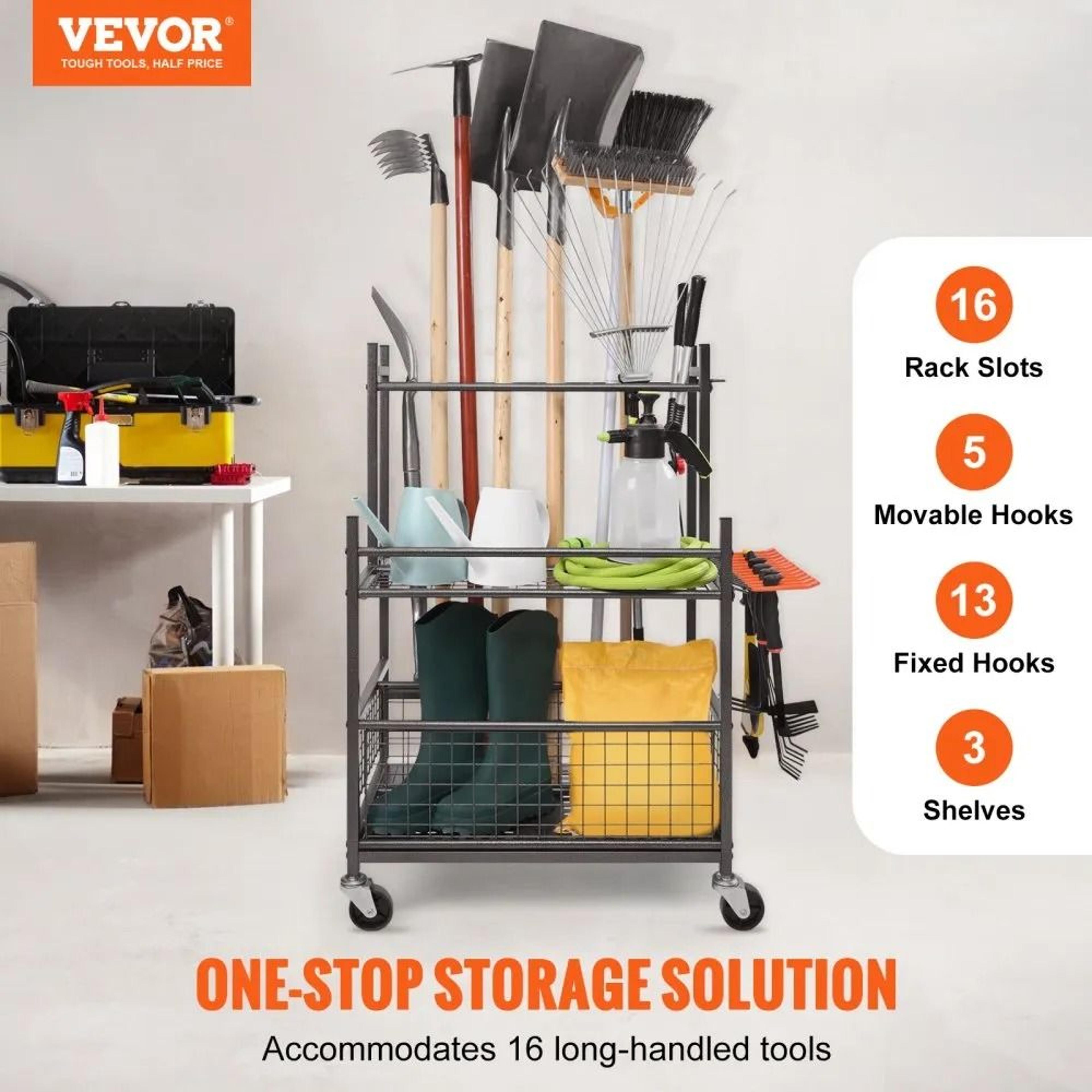 Rolling Garden Tool Organizer With 16 Slots Hooks And 3 Tier Garage Storage Rack 4