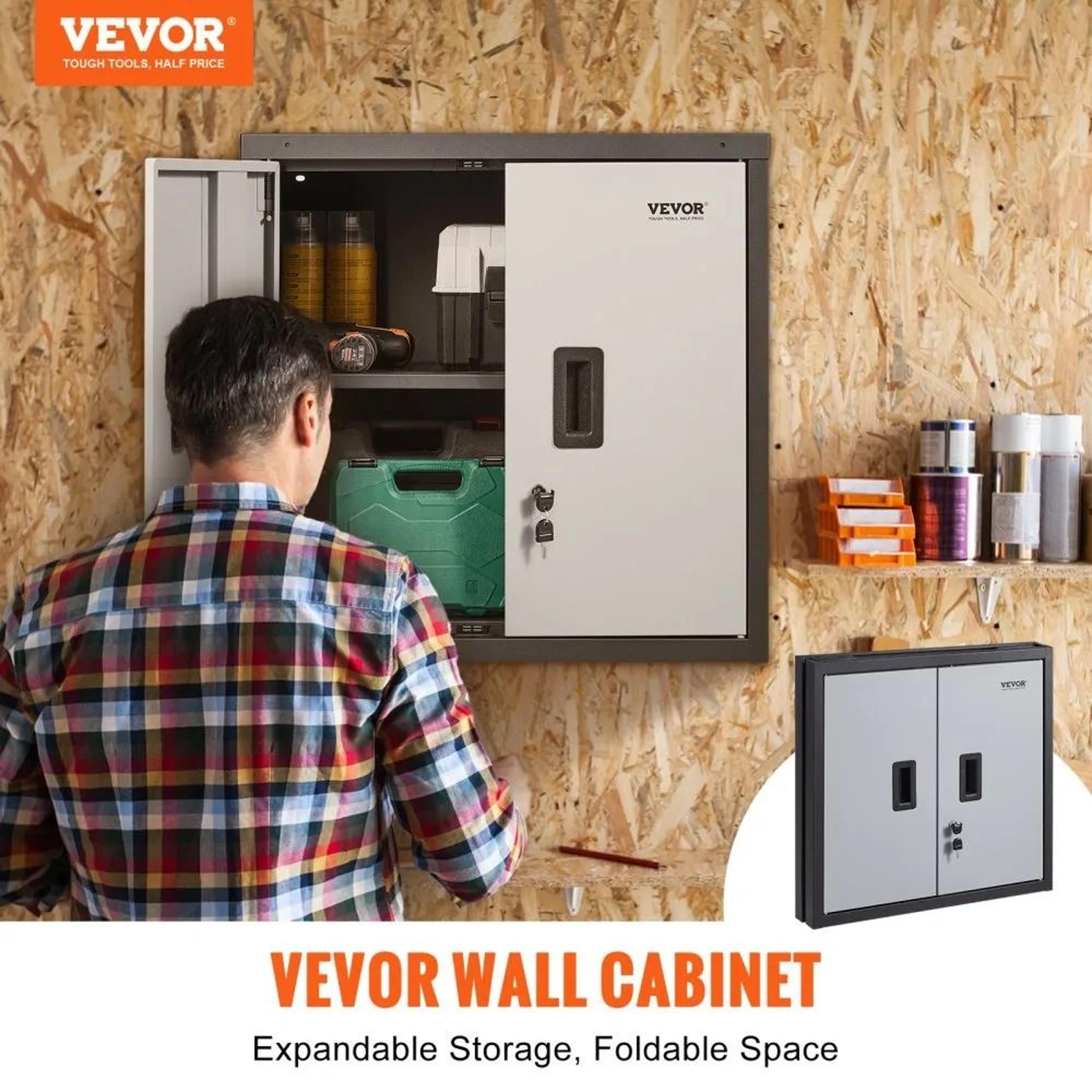 Foldable Wall Mounted Garage Cabinet Lockable Metal Tool Storage 240 Lb Capacity 1
