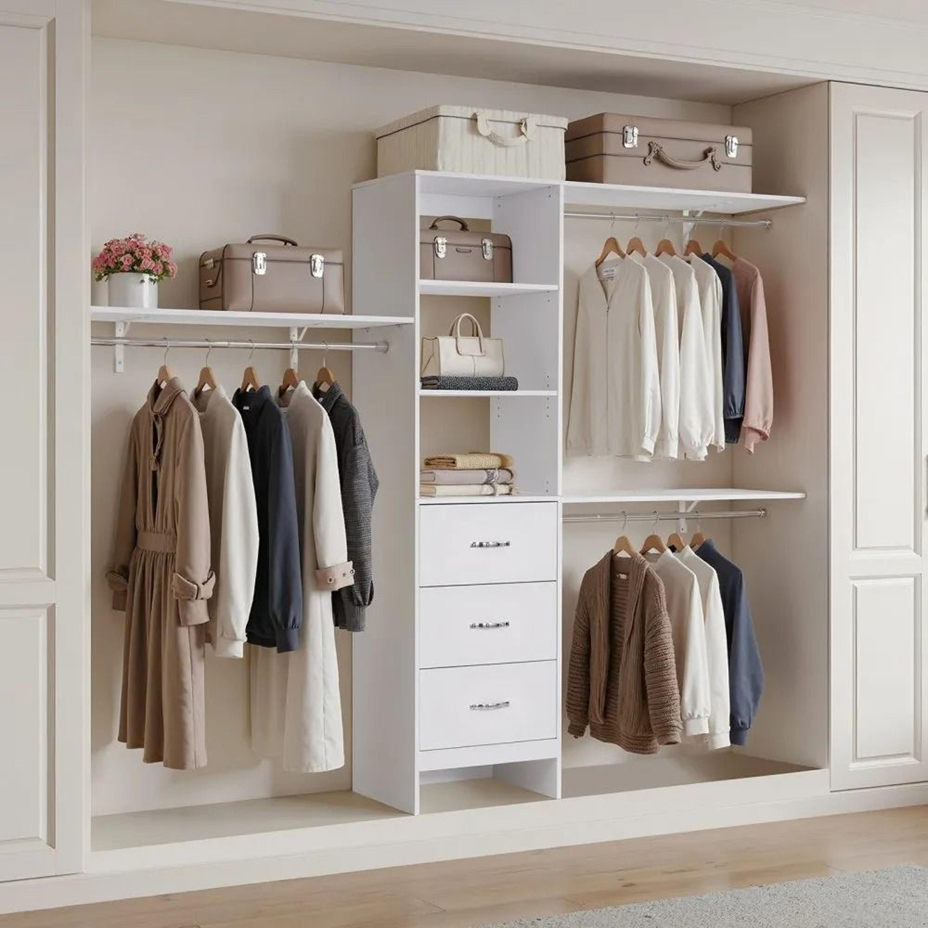 Closet System With 3 Drawers Adjustable Wooden Closet Organizer White 2