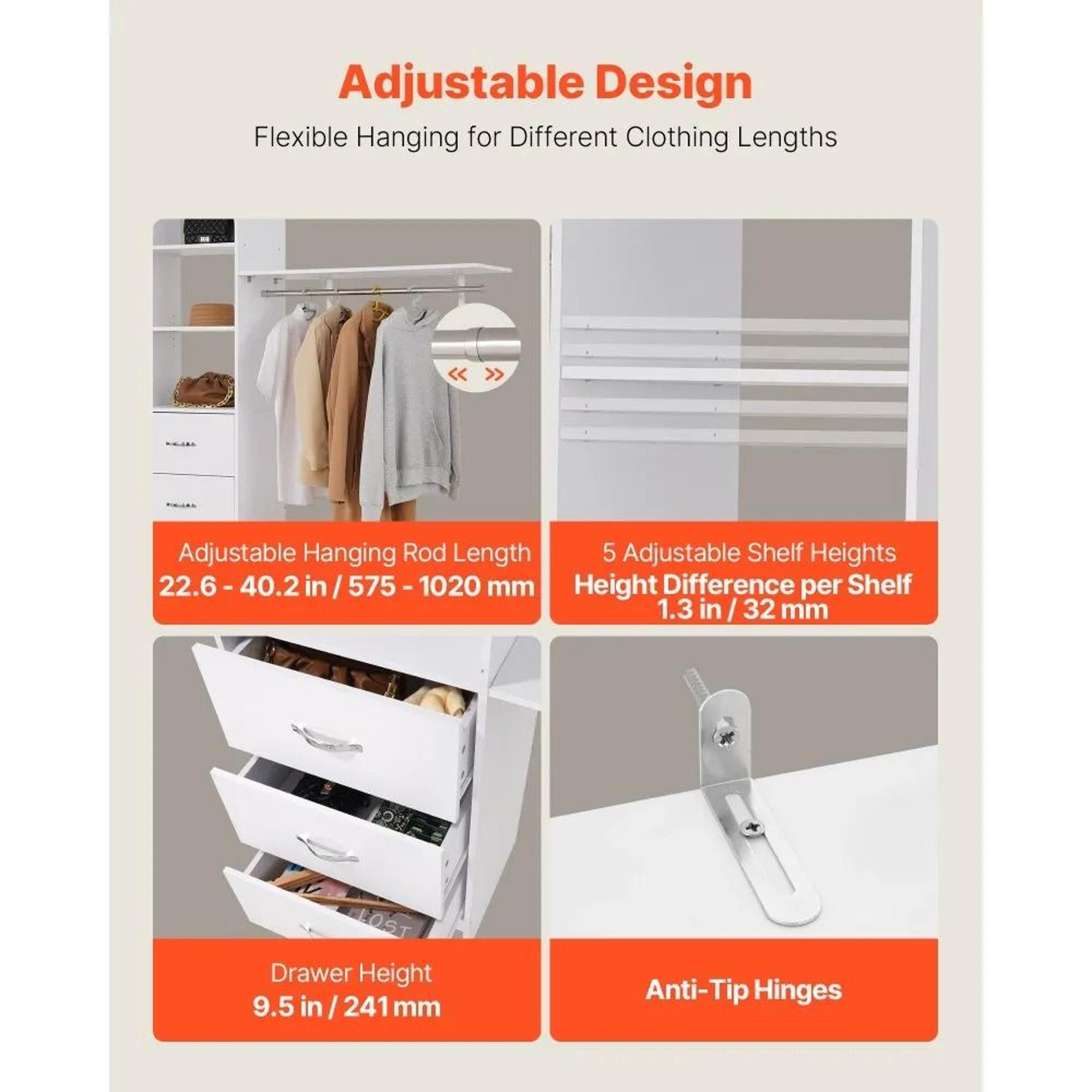 Closet System With 3 Drawers Adjustable Wooden Closet Organizer White 4
