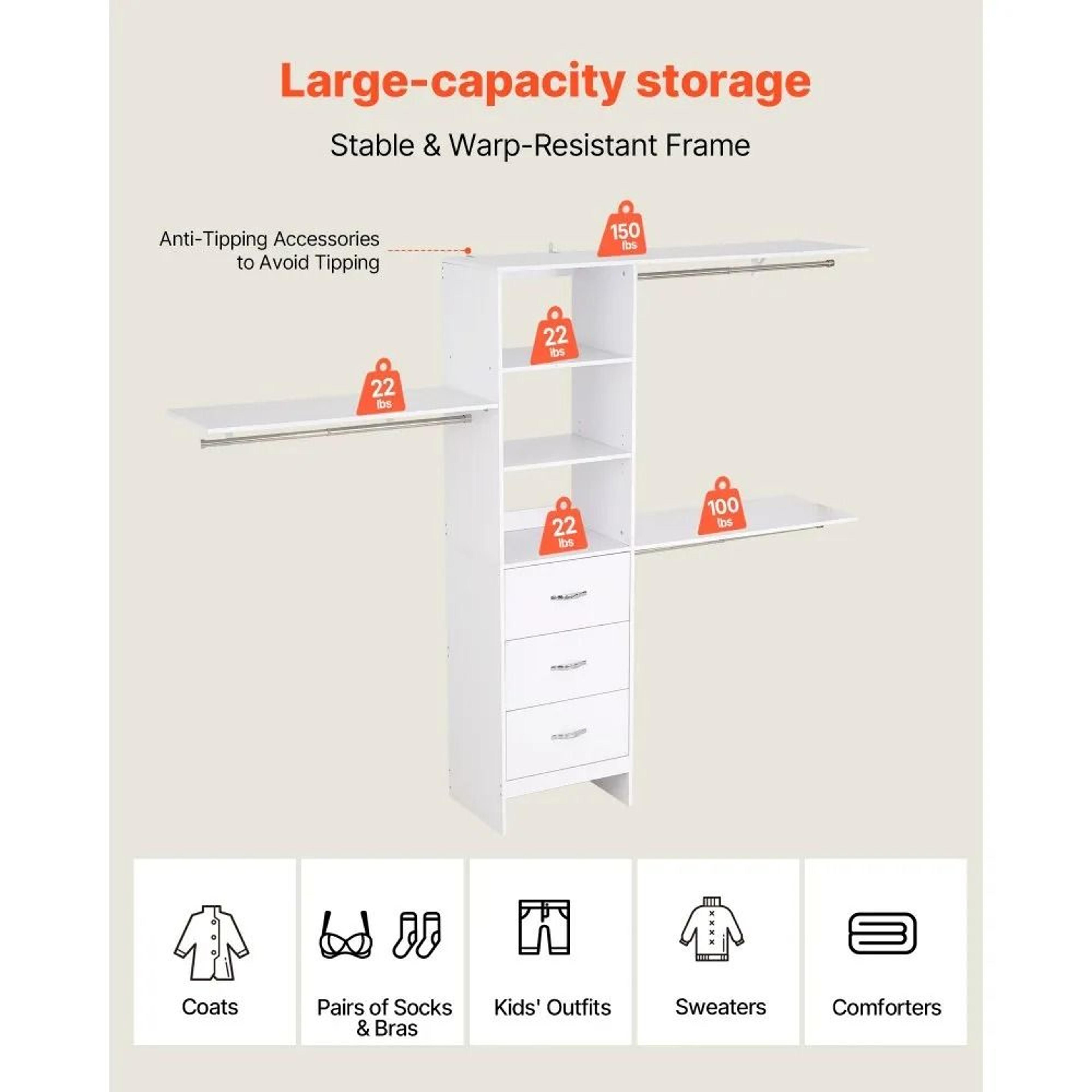 Closet System With 3 Drawers Adjustable Wooden Closet Organizer White 5