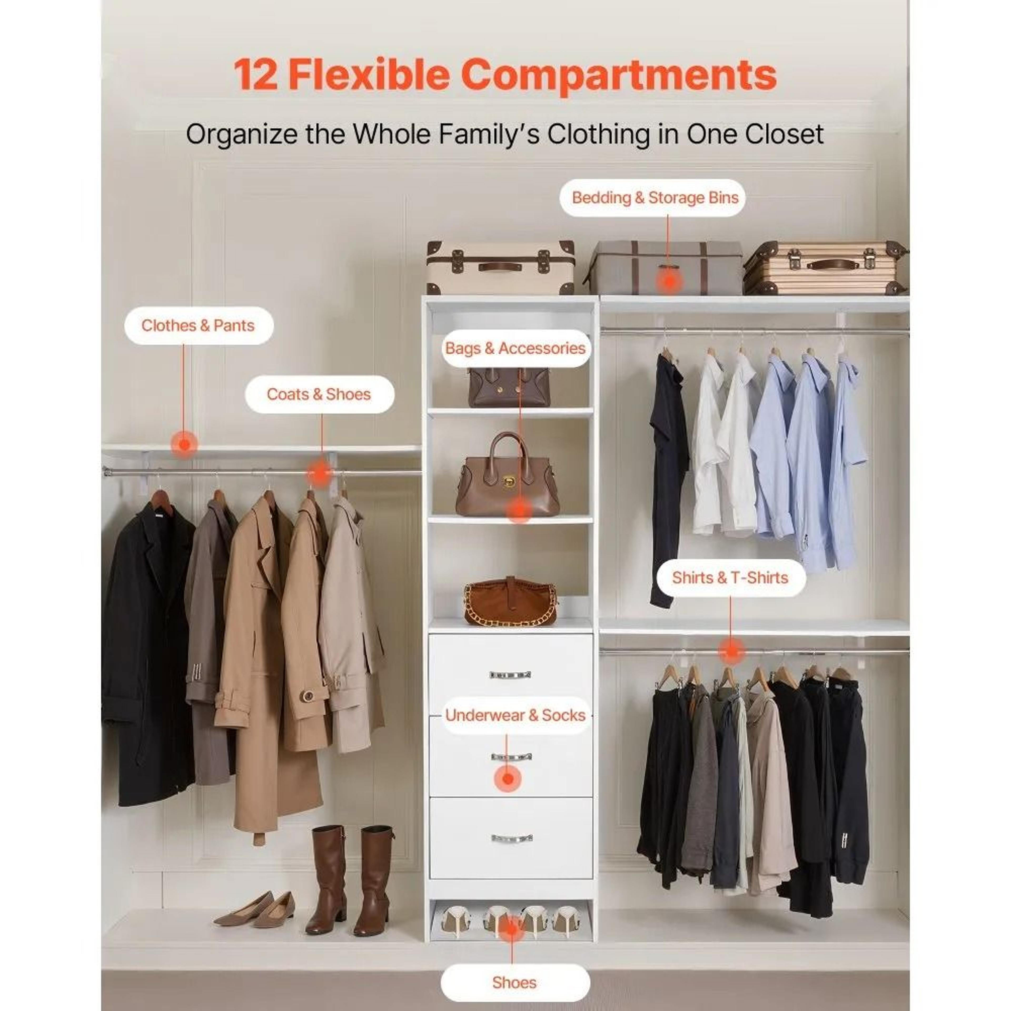 Closet System With 3 Drawers Adjustable Wooden Closet Organizer White 1