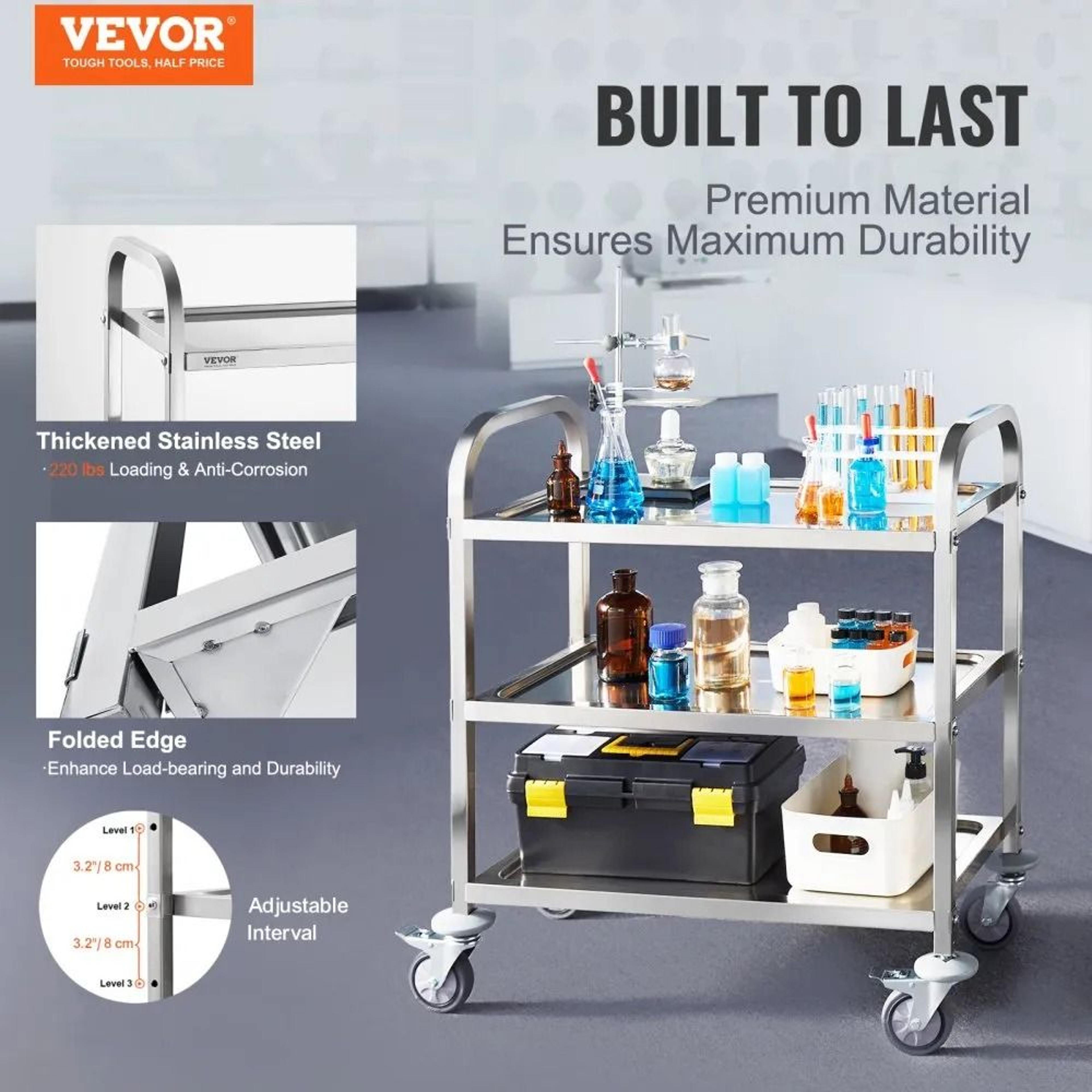 Stainless Steel Utility Cart 3 Tier Lab Medical Cart With Lockable Wheels 400 Lbs Capacity 1