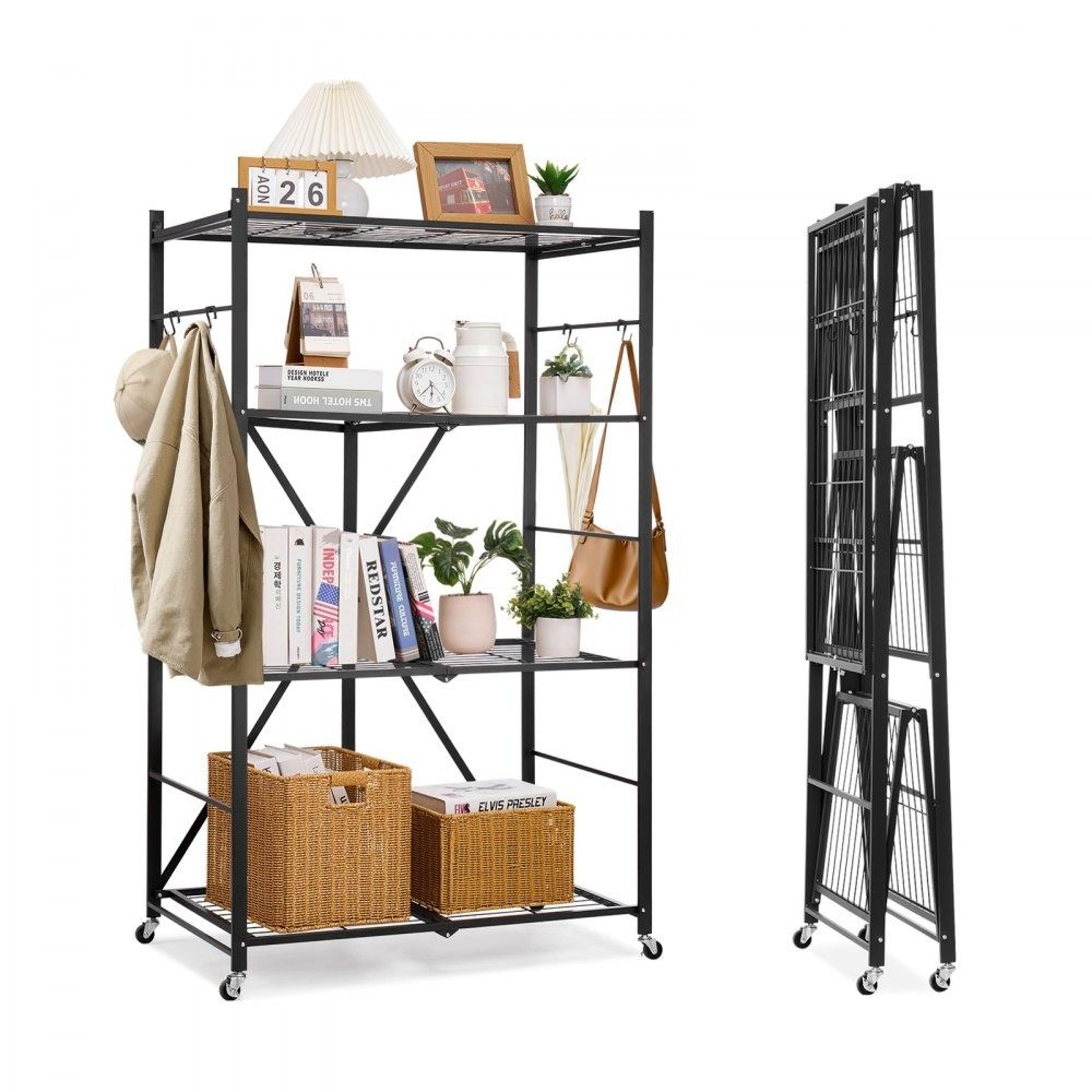 4 tier folding storage shelf with wheels heavy duty metal organizer rack