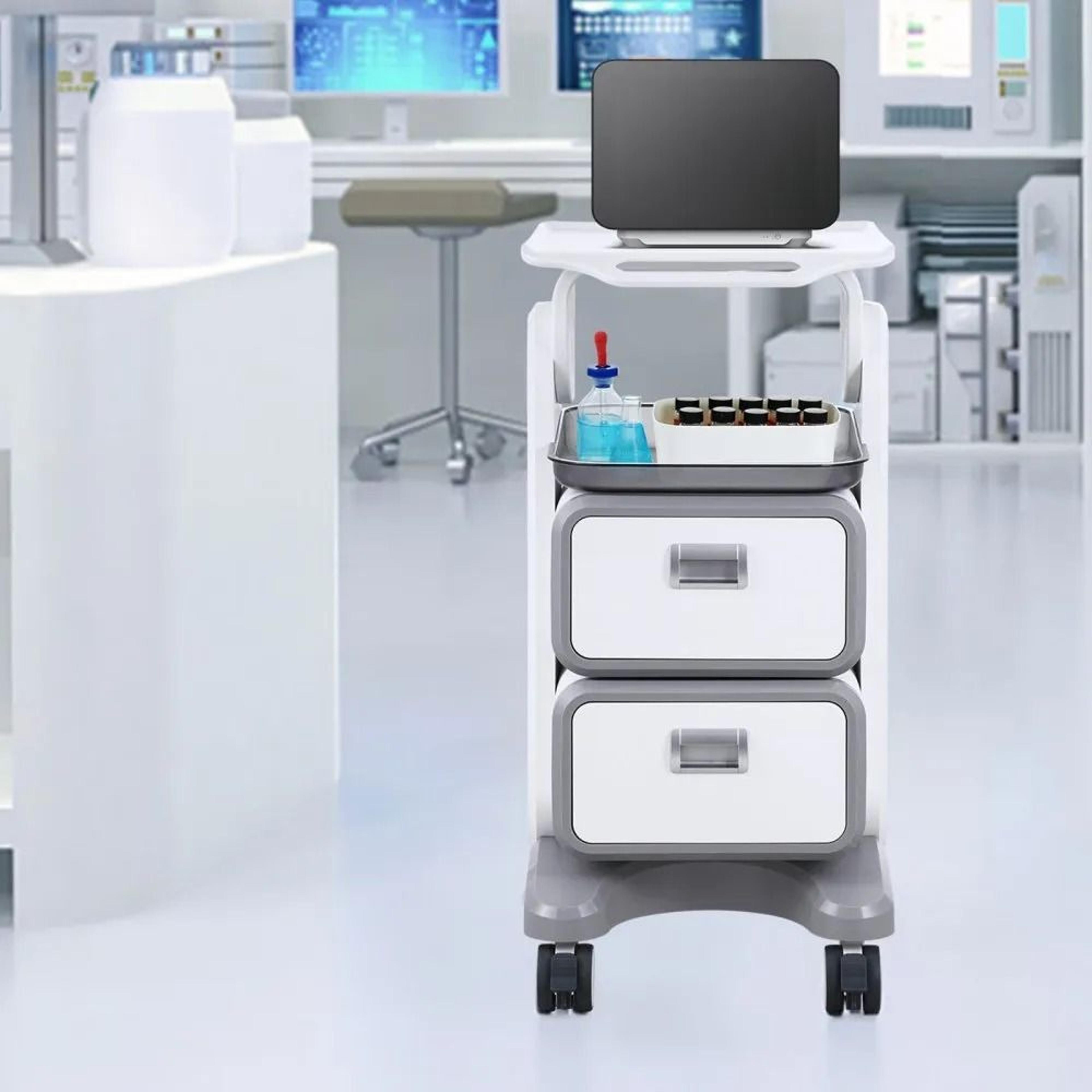 3 Tier Lab Utility Cart With 2 Drawers Mobile Medical Cart White 6