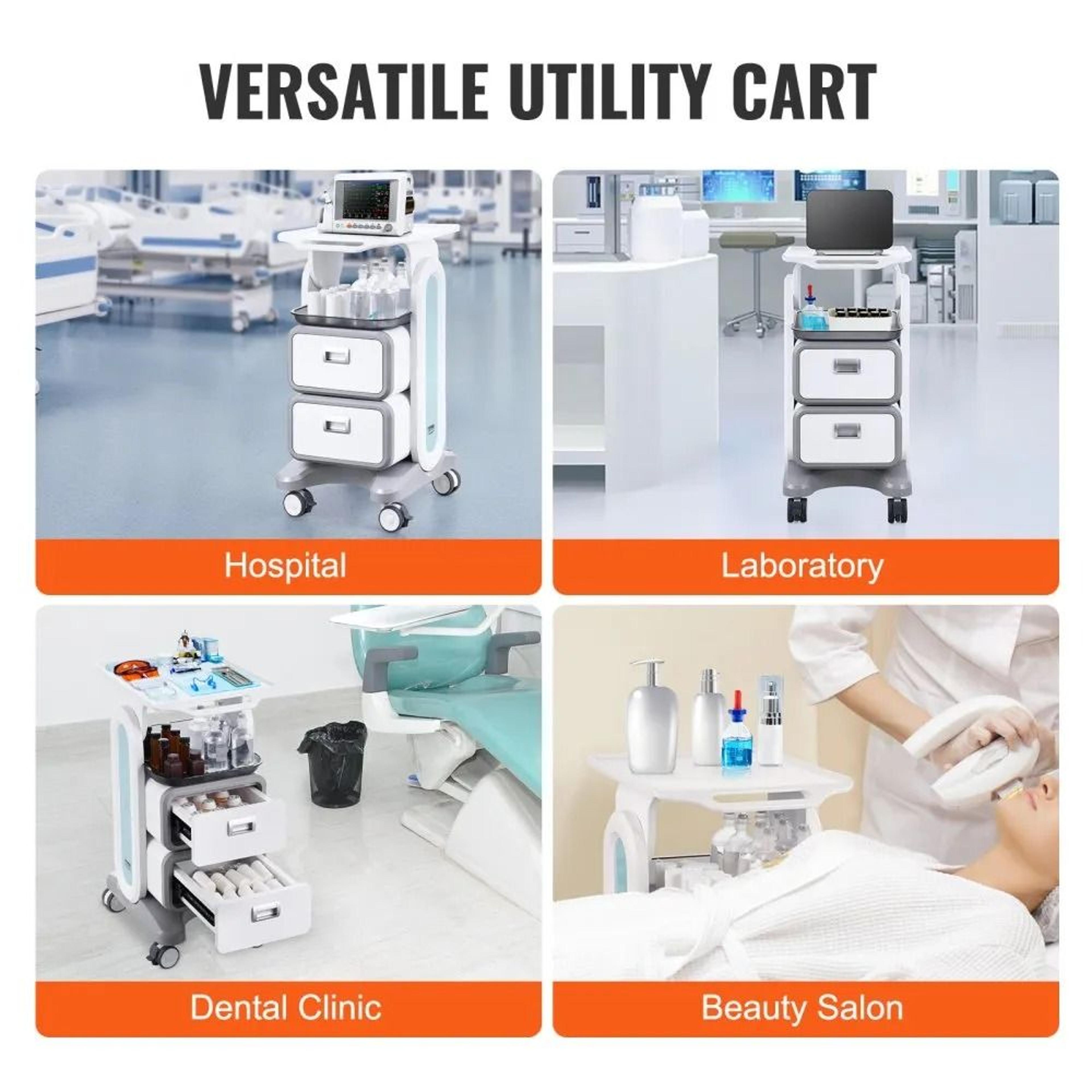 3 Tier Lab Utility Cart With 2 Drawers Mobile Medical Cart White 2
