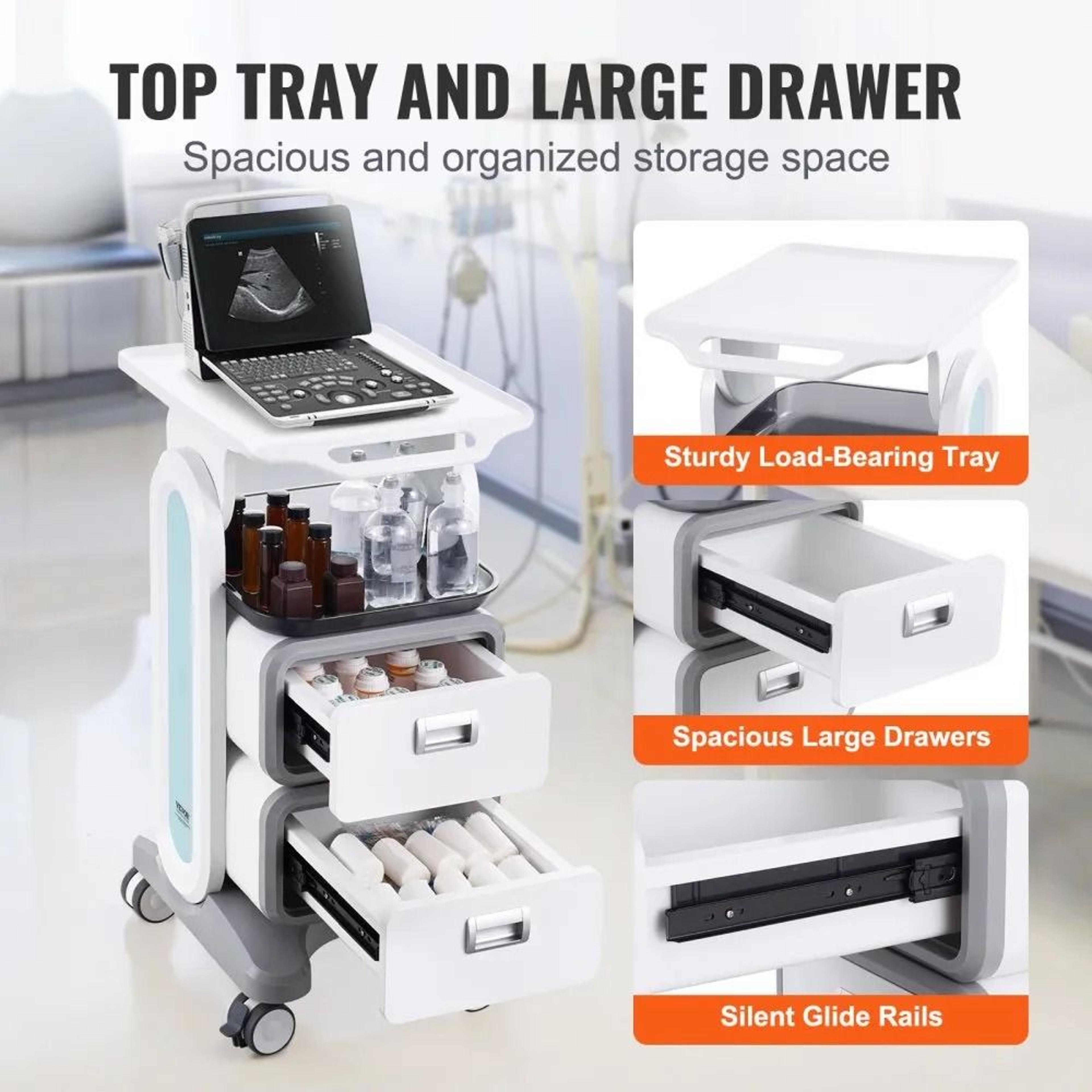 3 Tier Lab Utility Cart With 2 Drawers Mobile Medical Cart White 3
