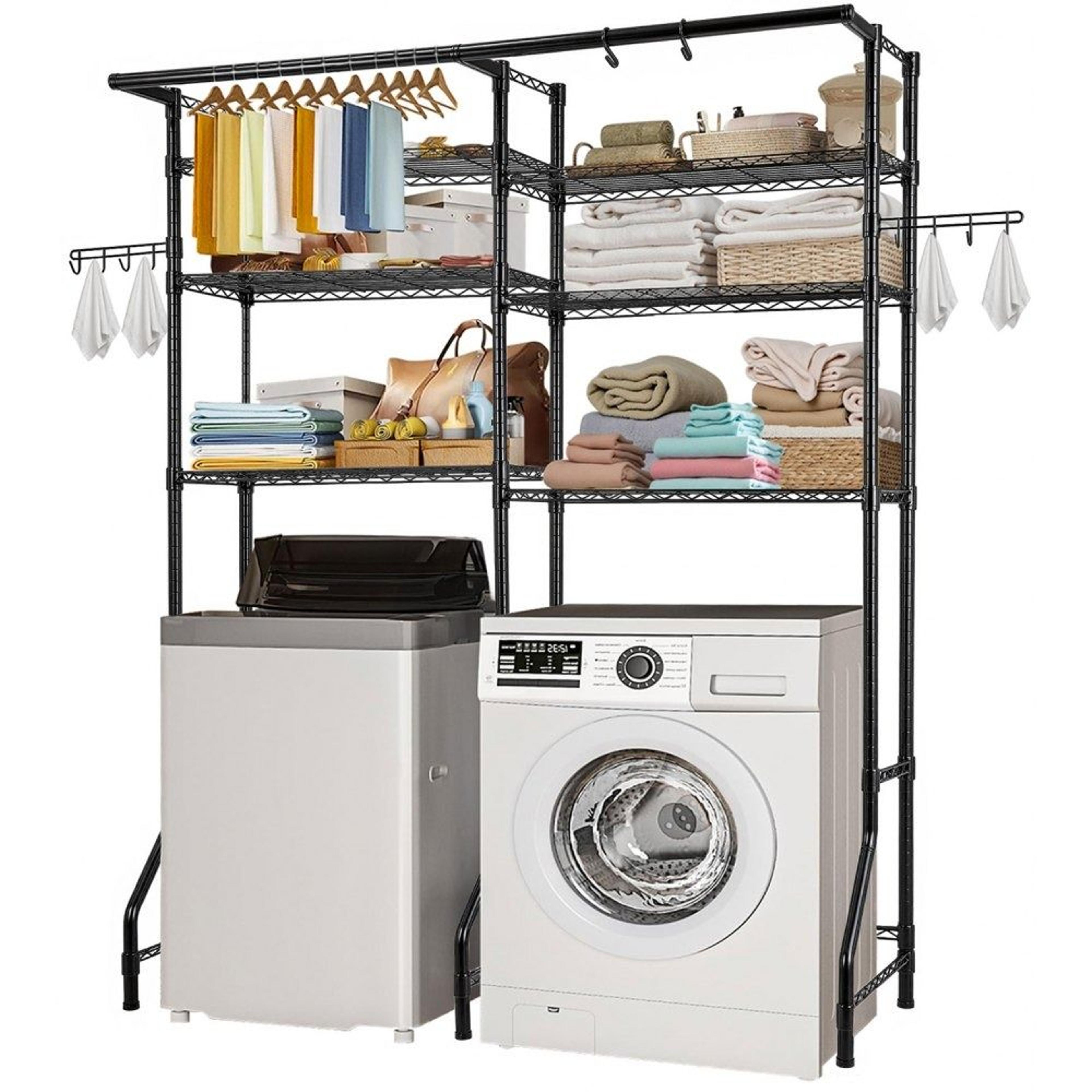 6 tier over washer and dryer storage shelf with adjustable laundry rack and drying rod