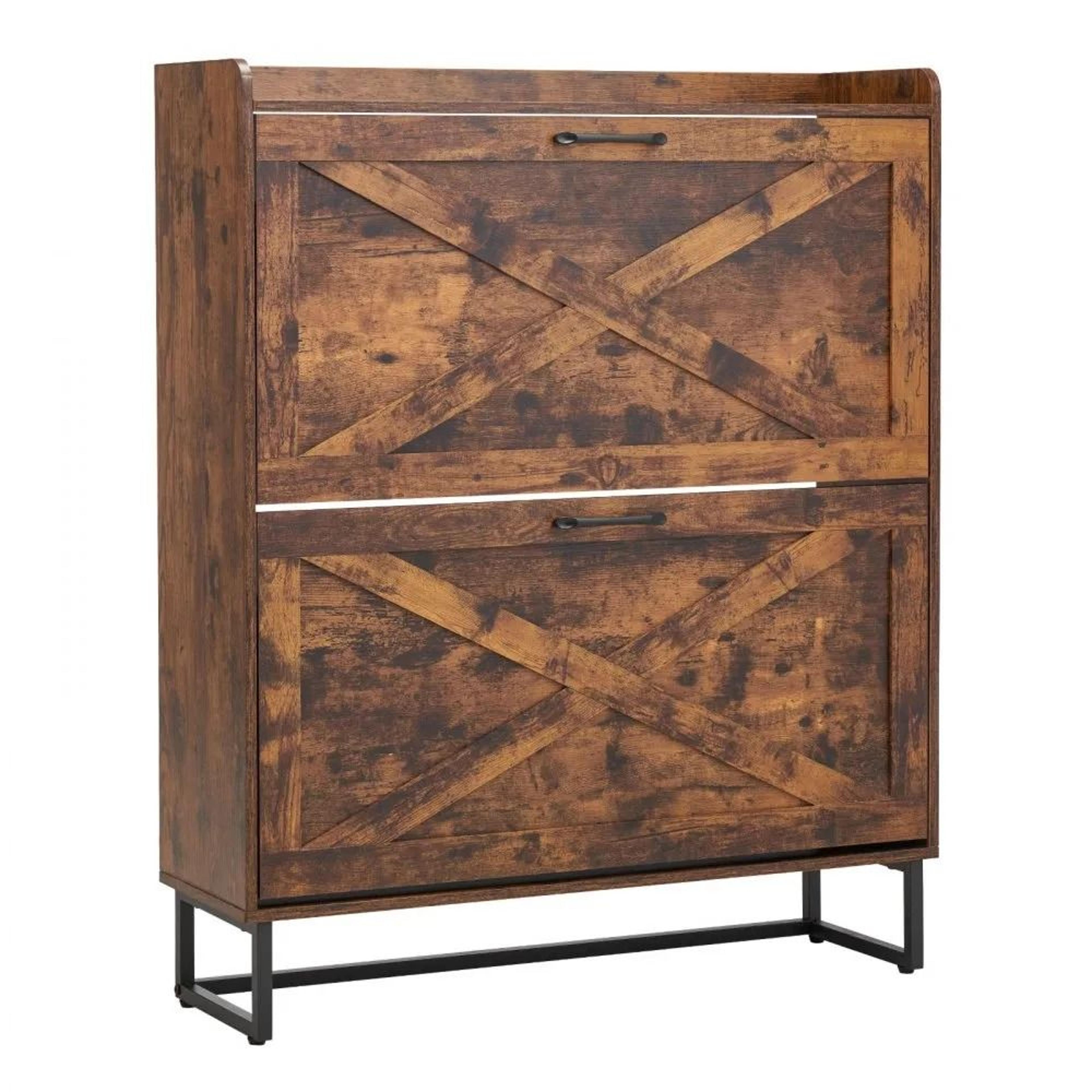 farmhouse shoe storage cabinet with 2 flip drawers, adjustable shelves and slim entryway design