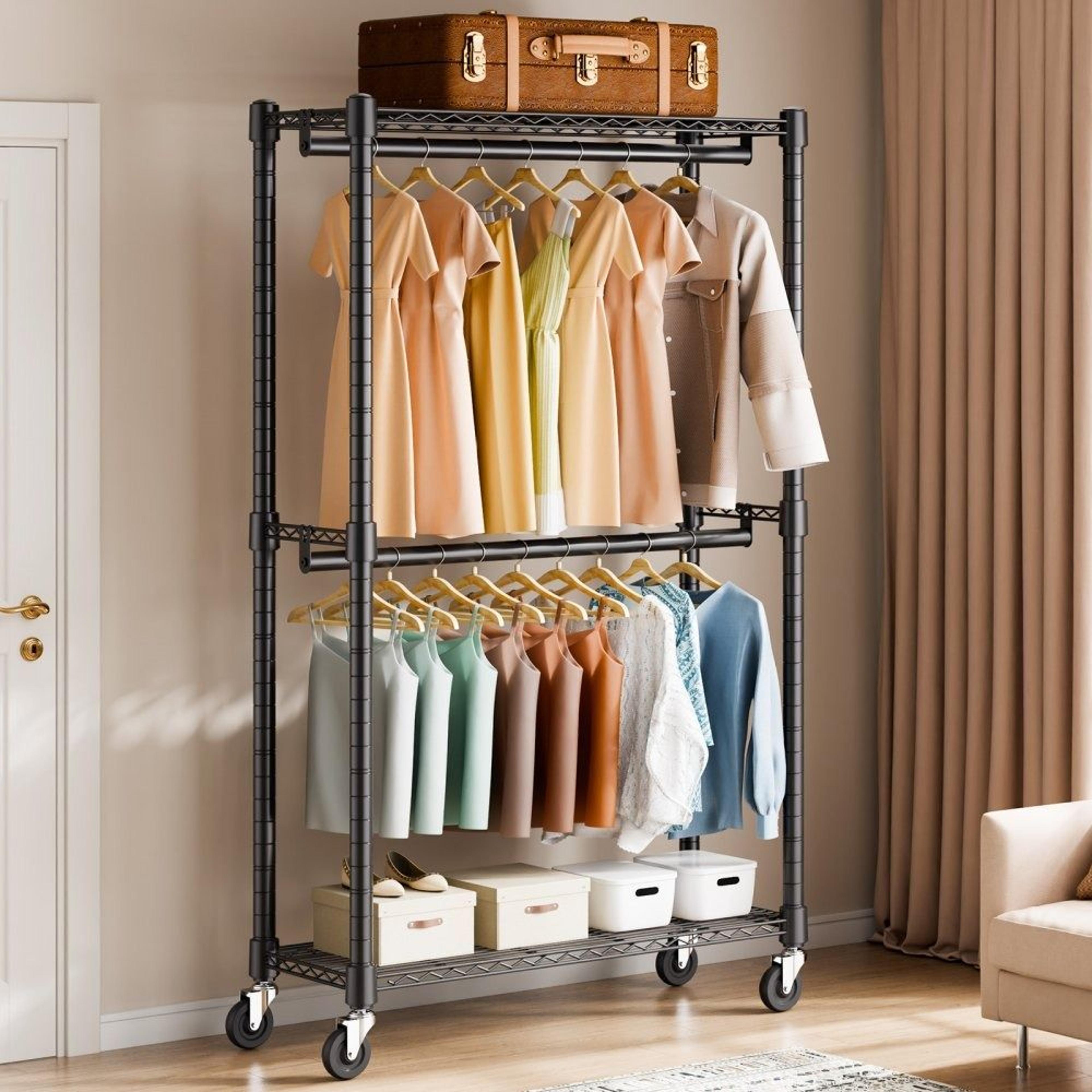 Heavy Duty Clothes Rack With Double Rods Shelves And Wheels 300 Lb Capacity 6
