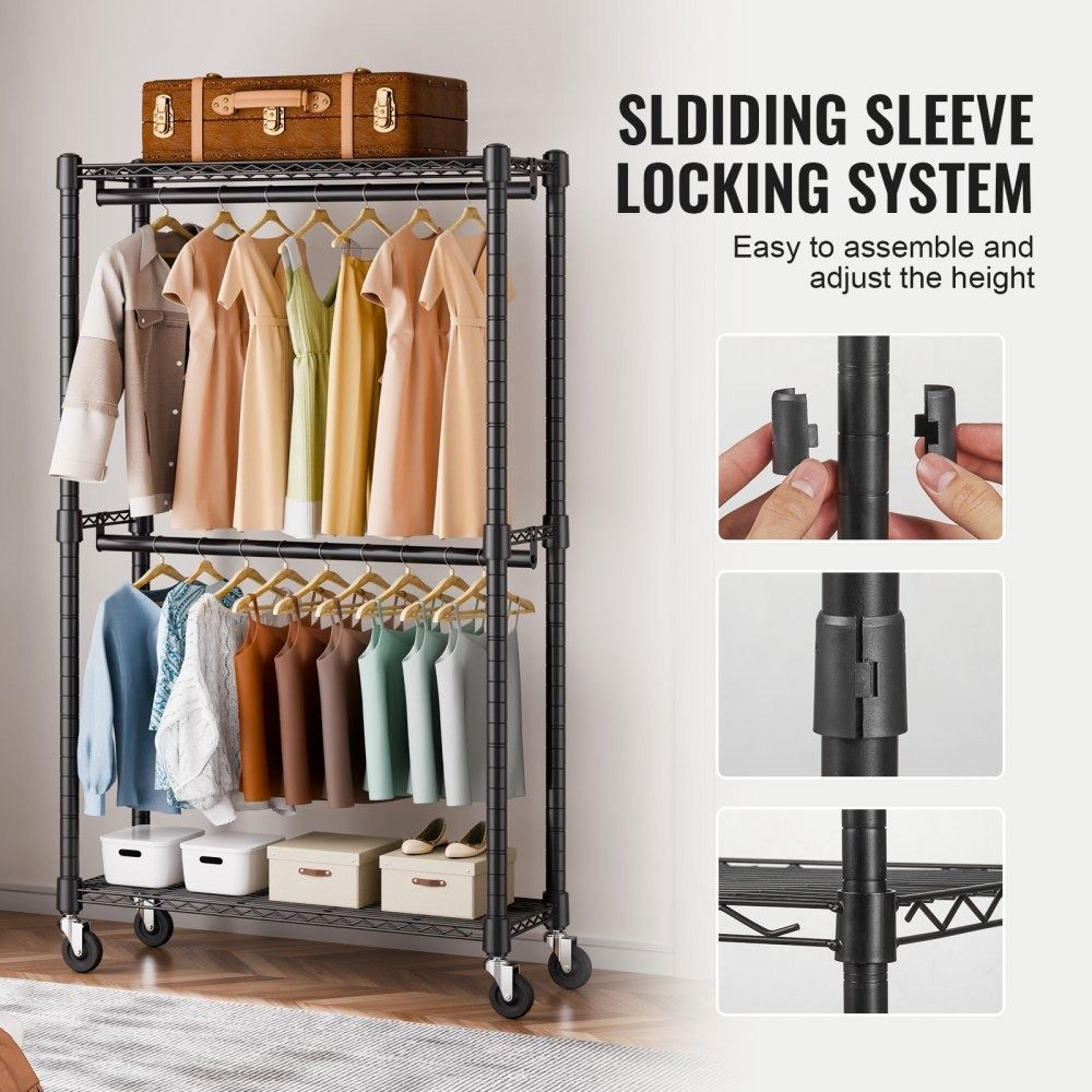 Heavy Duty Clothes Rack With Double Rods Shelves And Wheels 300 Lb Capacity 4