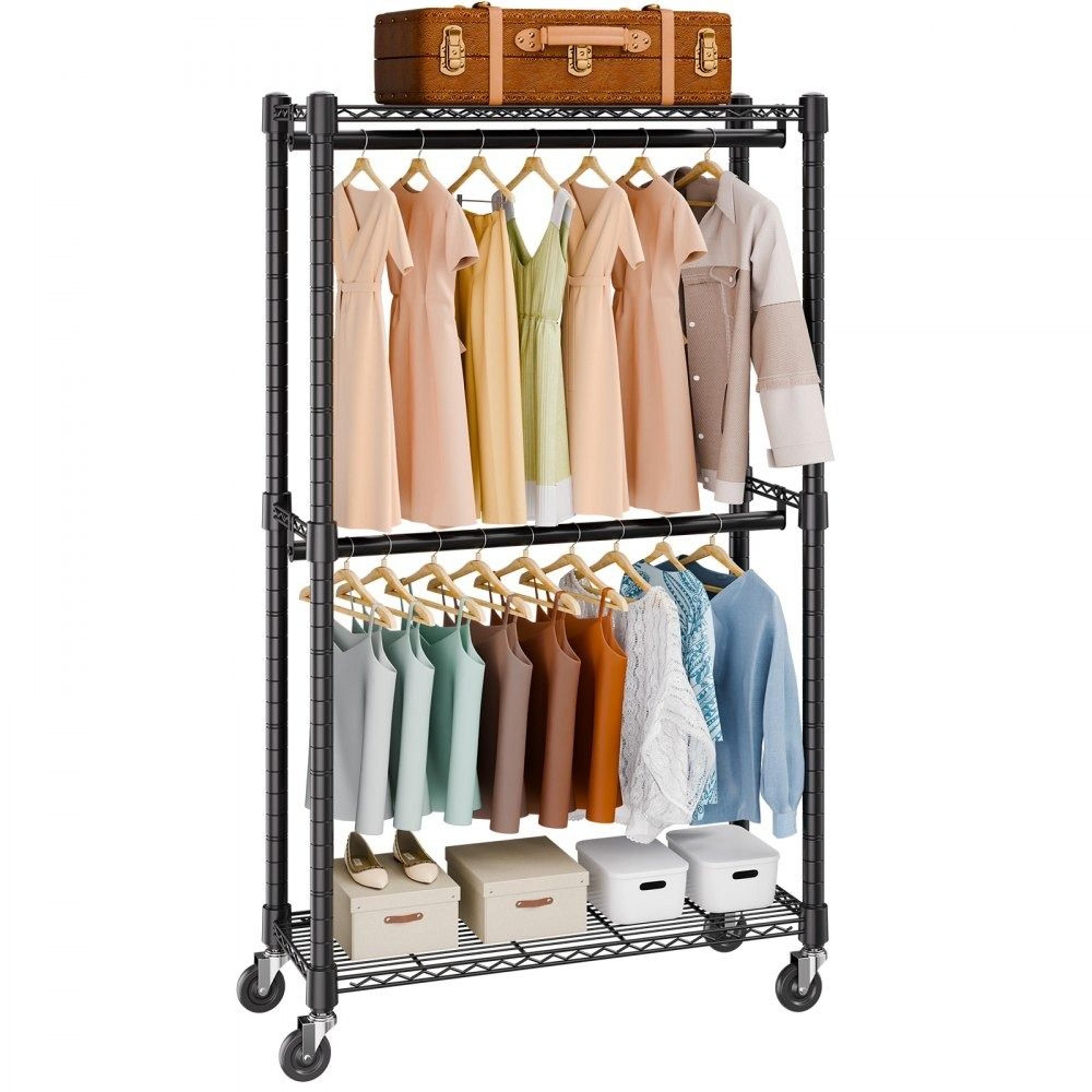 heavy duty clothes rack with double rods, shelves and wheels 300 lb capacity