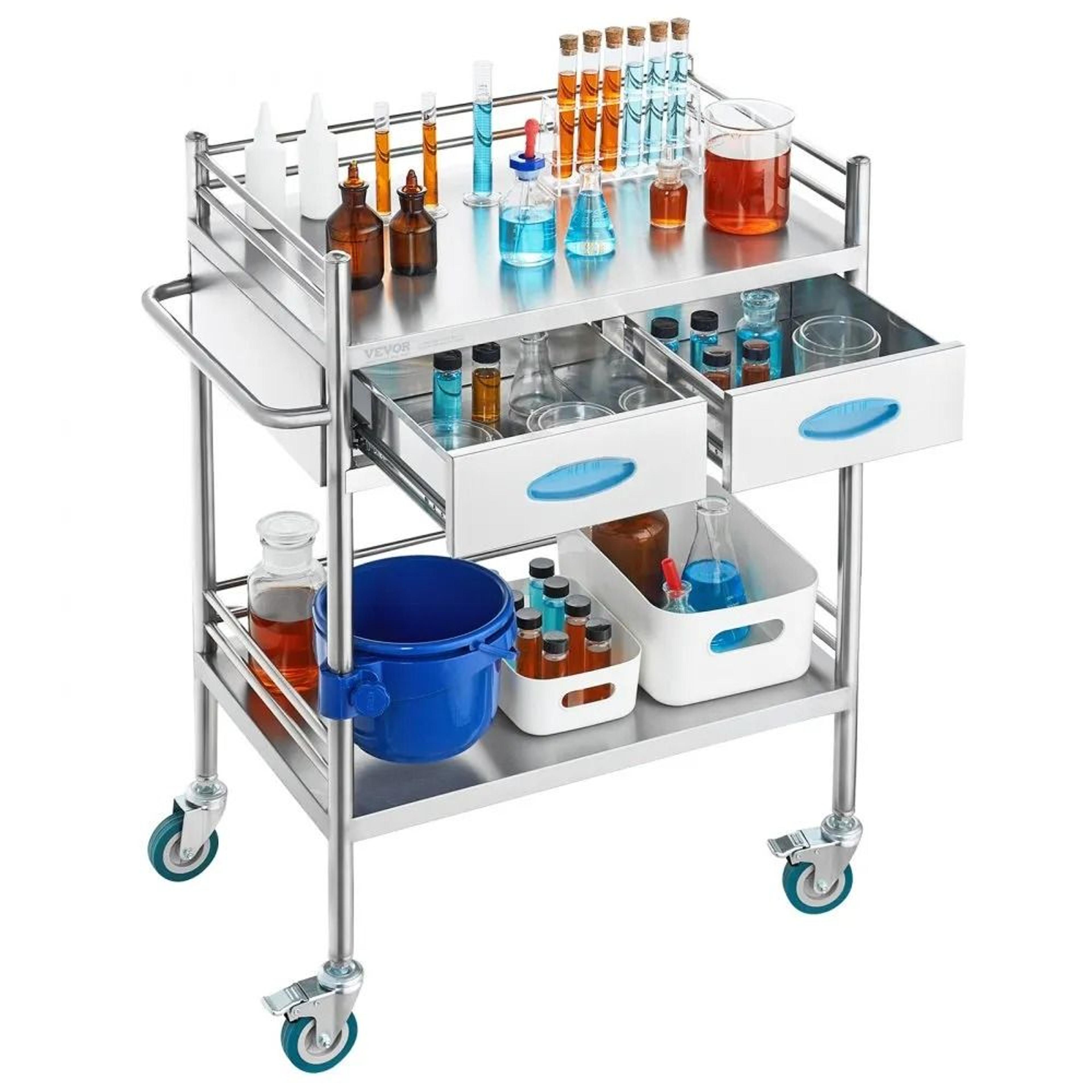 2 Tier Stainless Steel Utility Cart With Drawers And Lockable Wheels For Lab Medical Dental Use 9