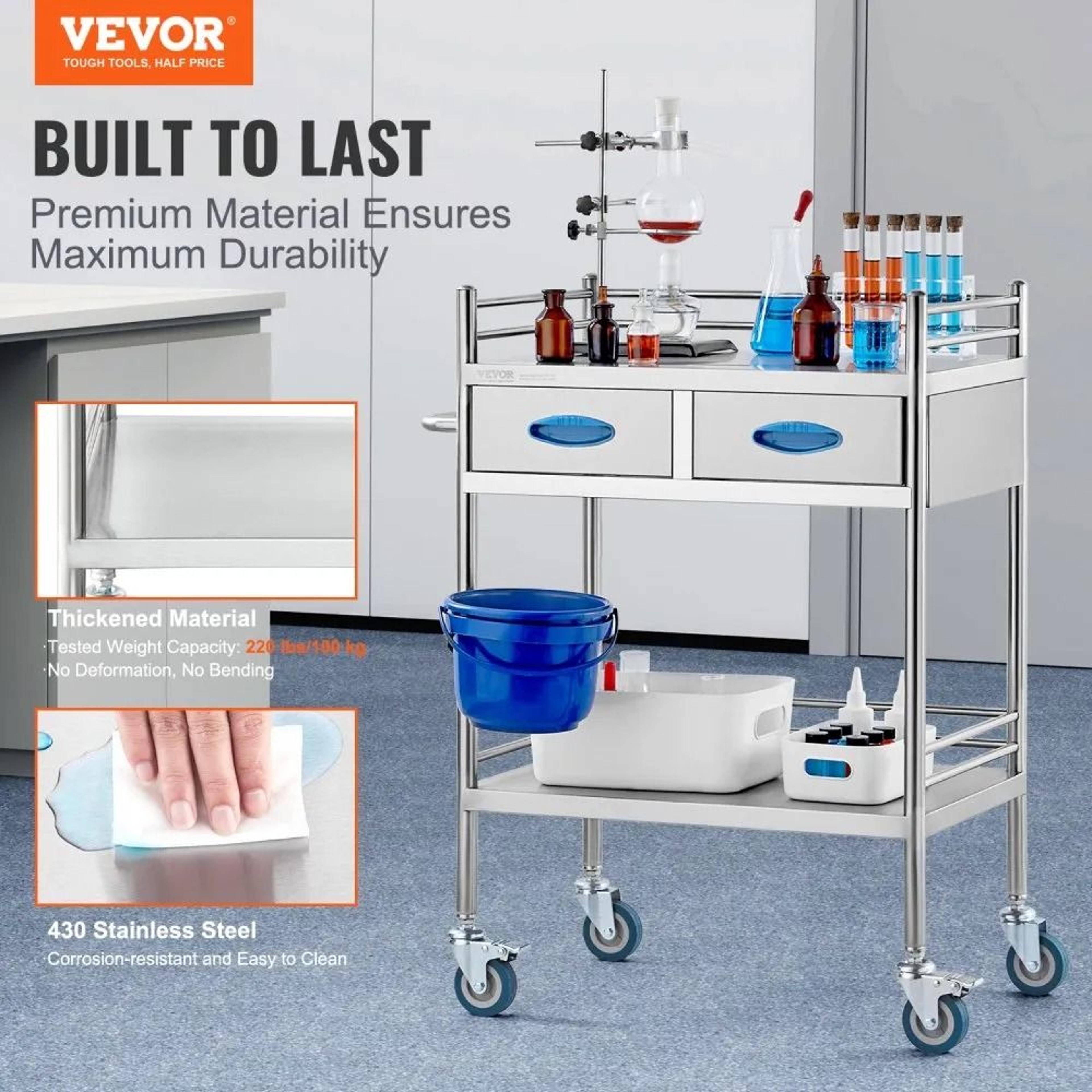 2 Tier Stainless Steel Utility Cart With Drawers And Lockable Wheels For Lab Medical Dental Use 2