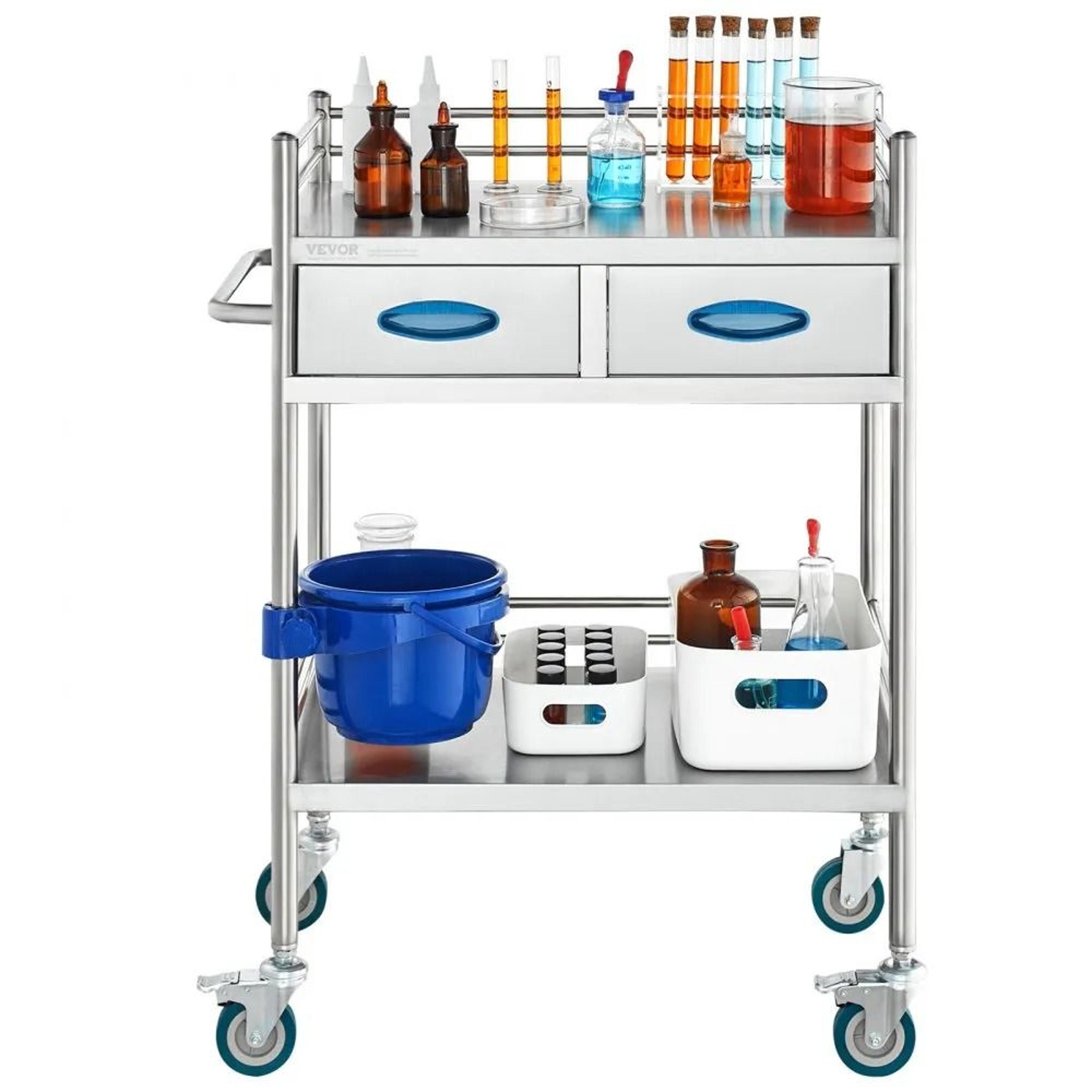 2 Tier Stainless Steel Utility Cart With Drawers And Lockable Wheels For Lab Medical Dental Use 11
