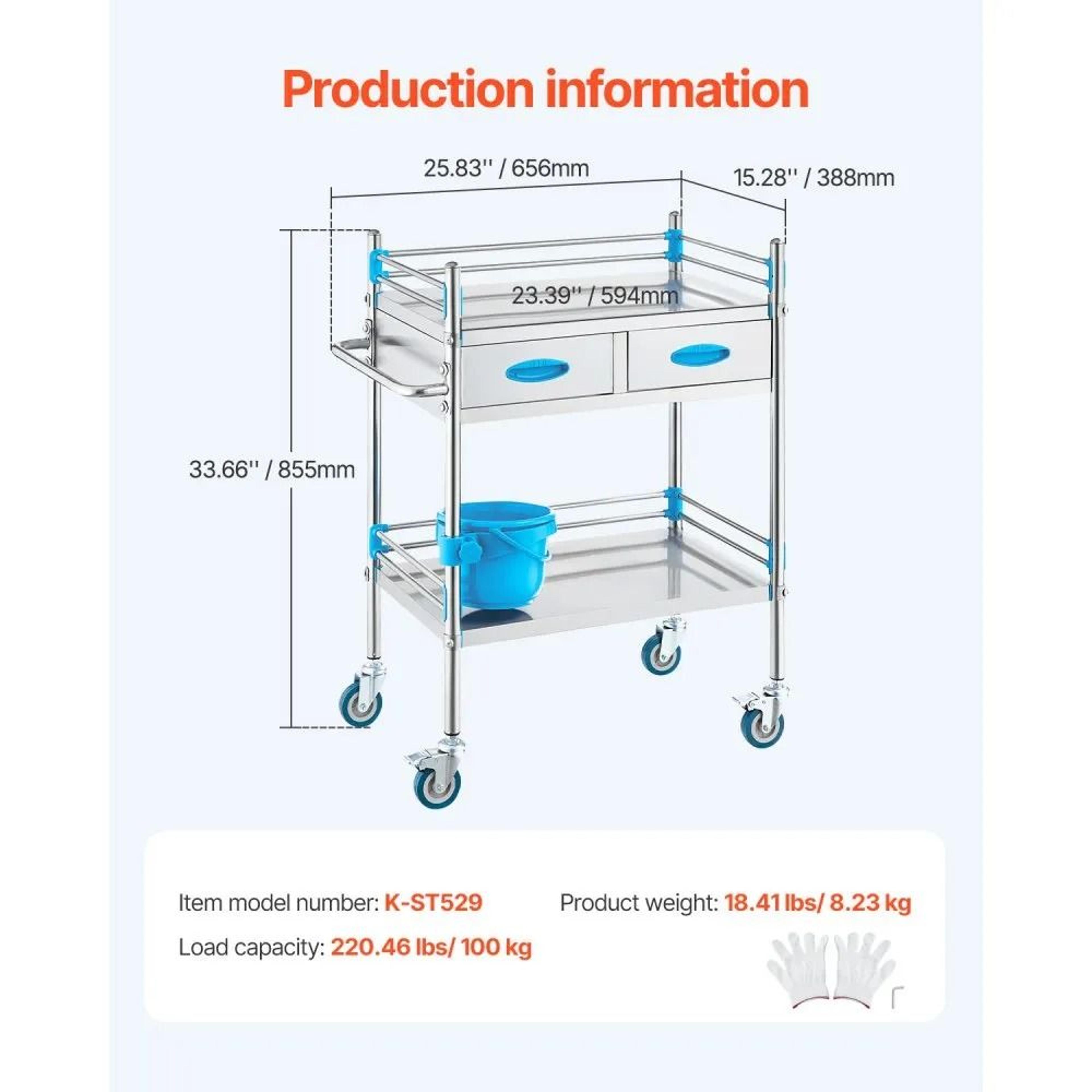 2 Tier Stainless Steel Utility Cart With Drawers And Lockable Wheels For Lab Medical Dental Use 7