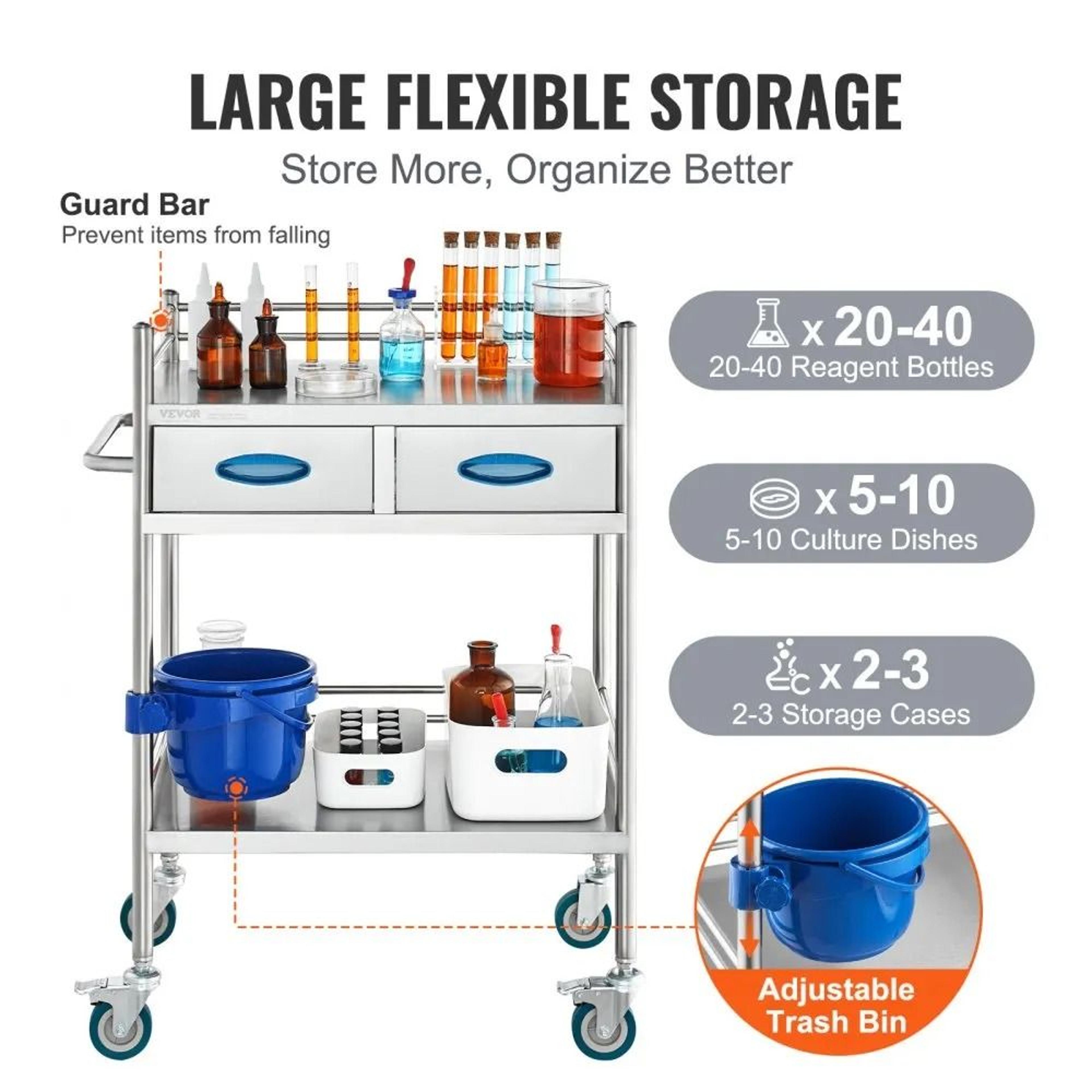 2 Tier Stainless Steel Utility Cart With Drawers And Lockable Wheels For Lab Medical Dental Use 4