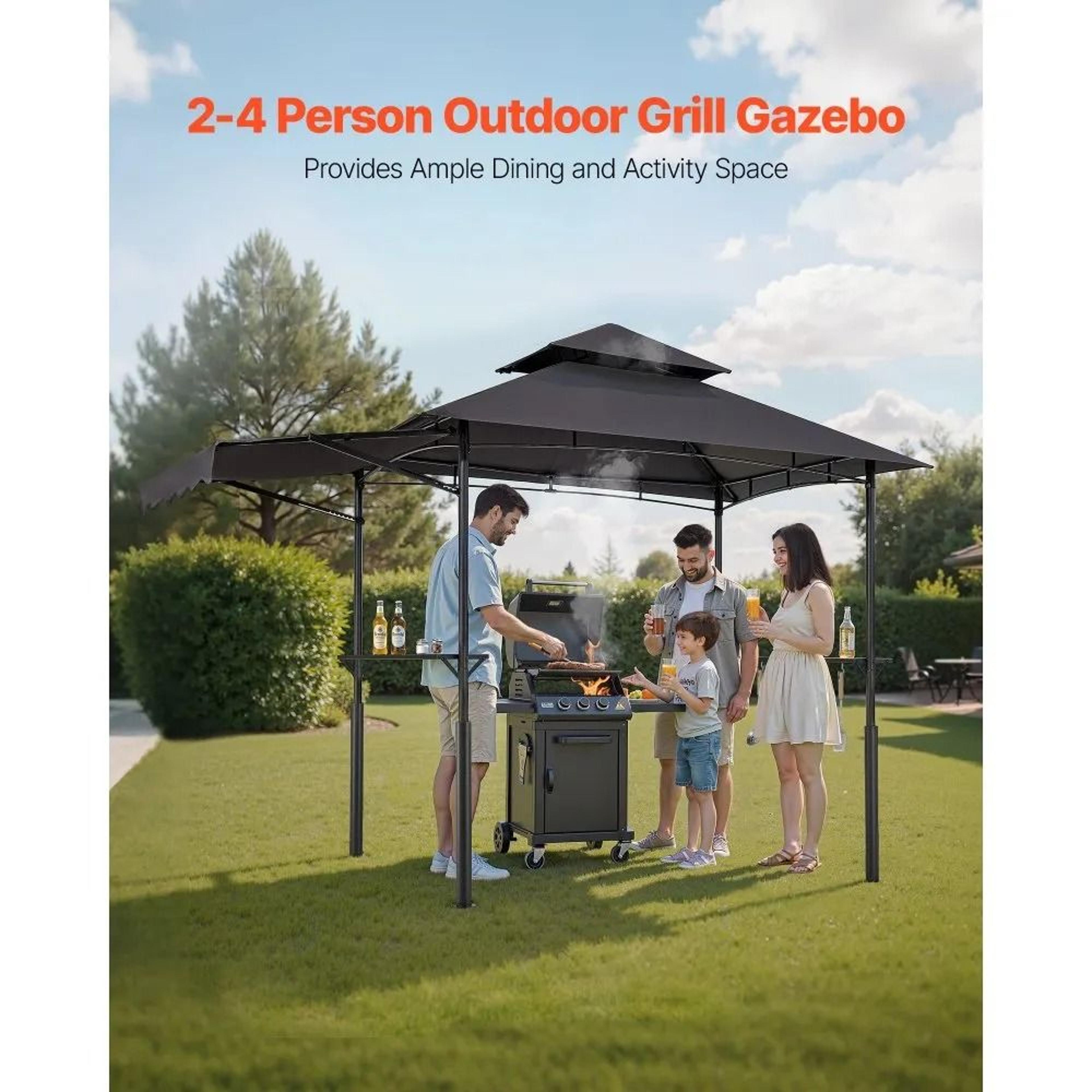 8x5 Grill Gazebo With Double Tier Canopy Side Awnings Shelves And Hooks 1