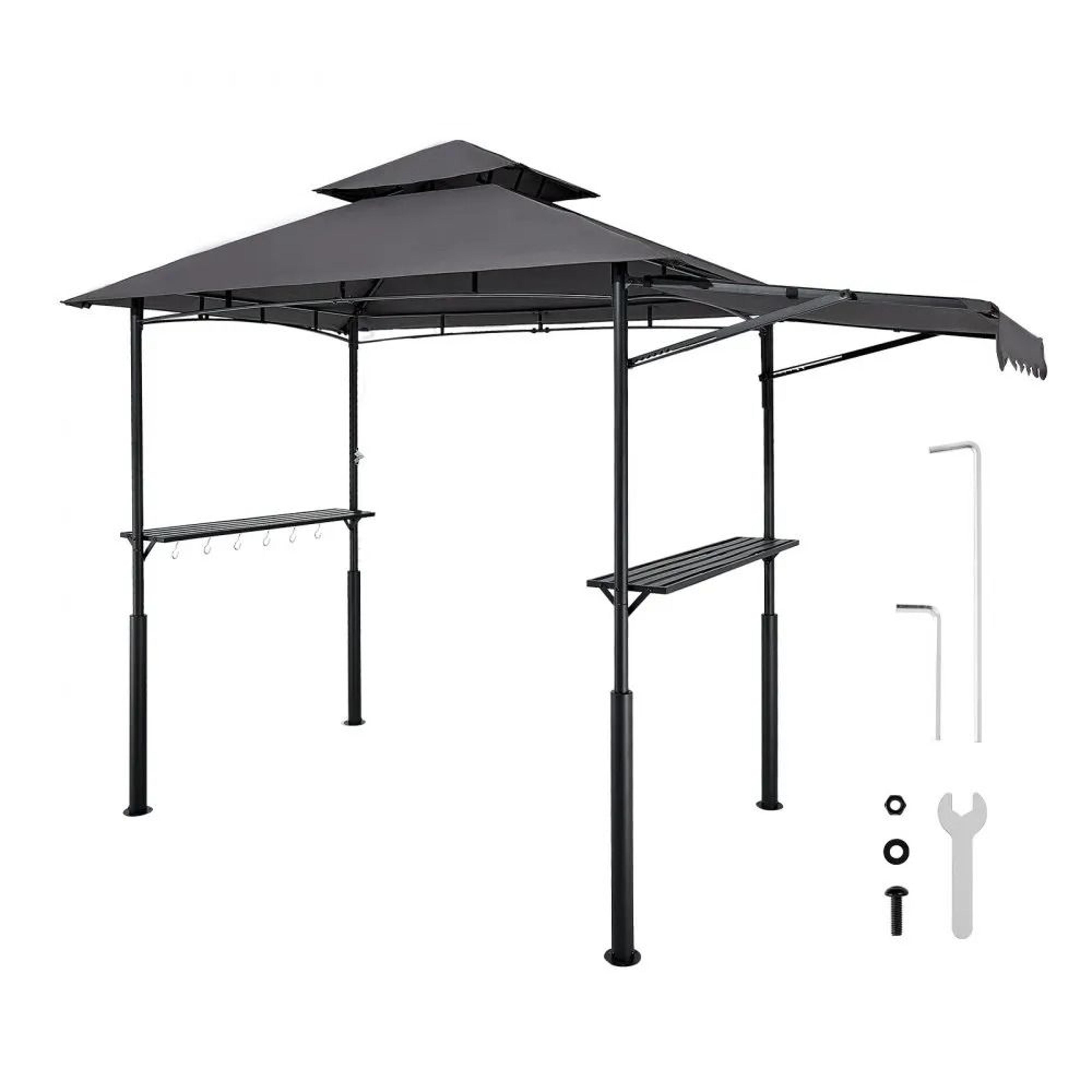 8x5 grill gazebo with double tier canopy, side awnings, shelves and hooks