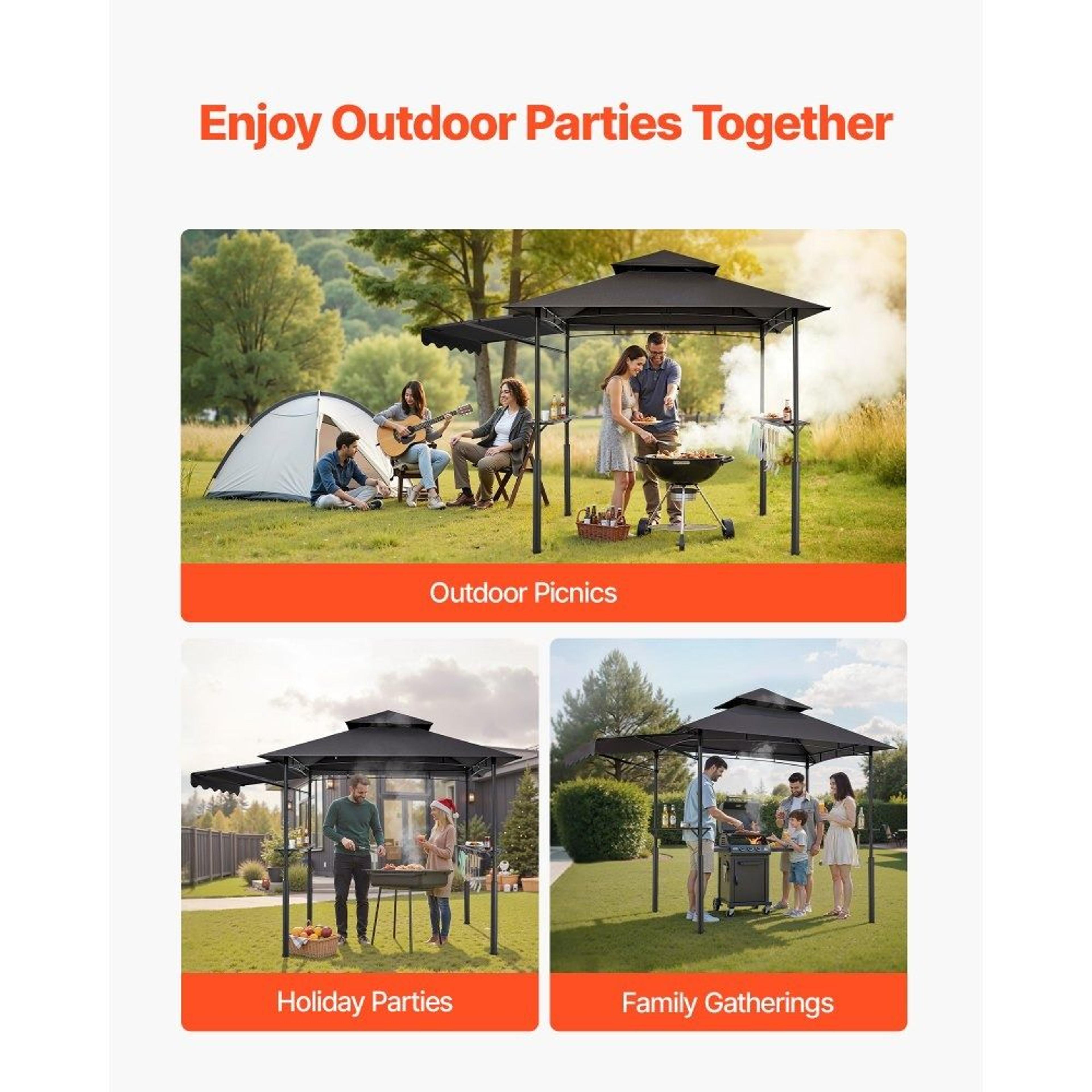 8x5 Grill Gazebo With Double Tier Canopy Side Awnings Shelves And Hooks 6