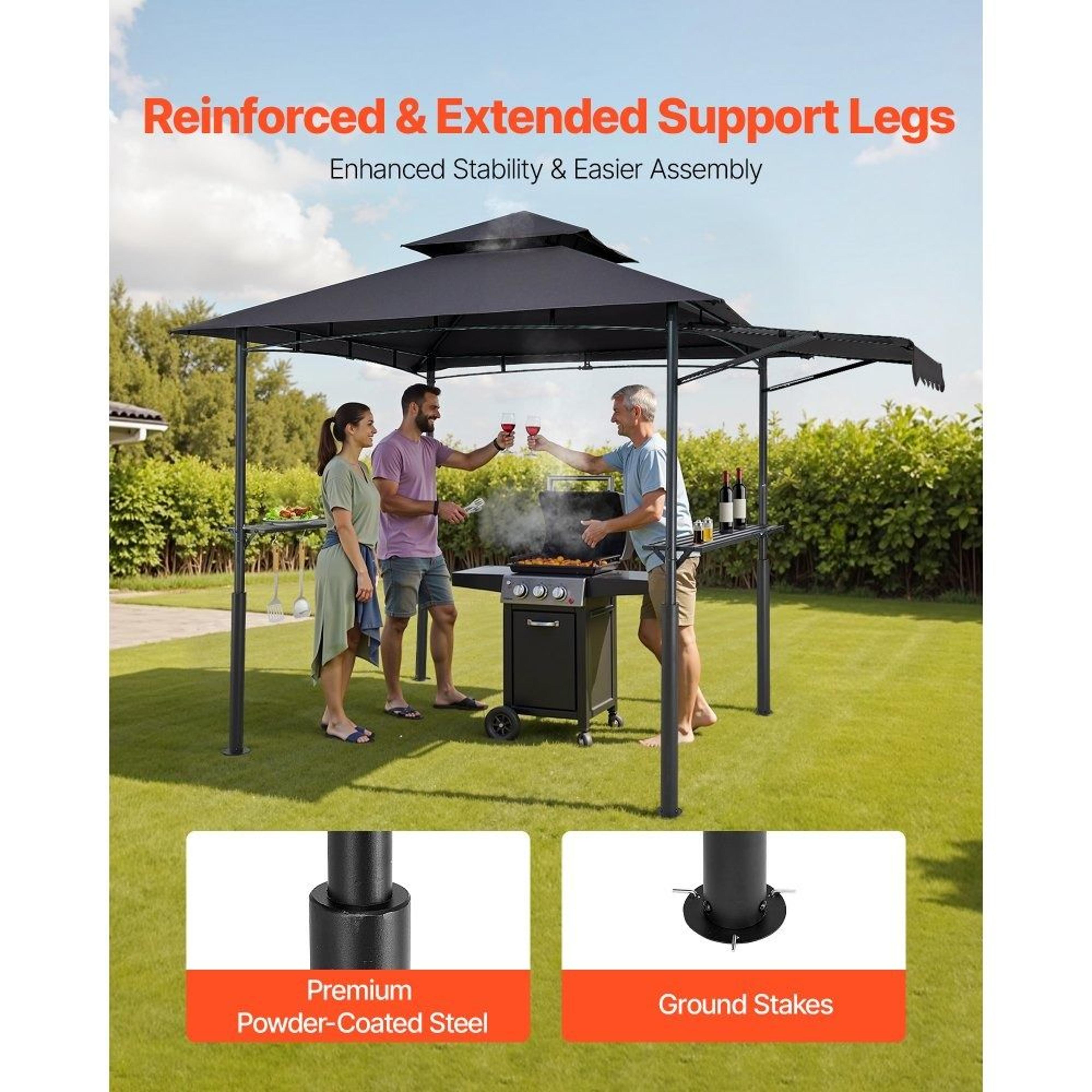 8x5 Grill Gazebo With Double Tier Canopy Side Awnings Shelves And Hooks 3