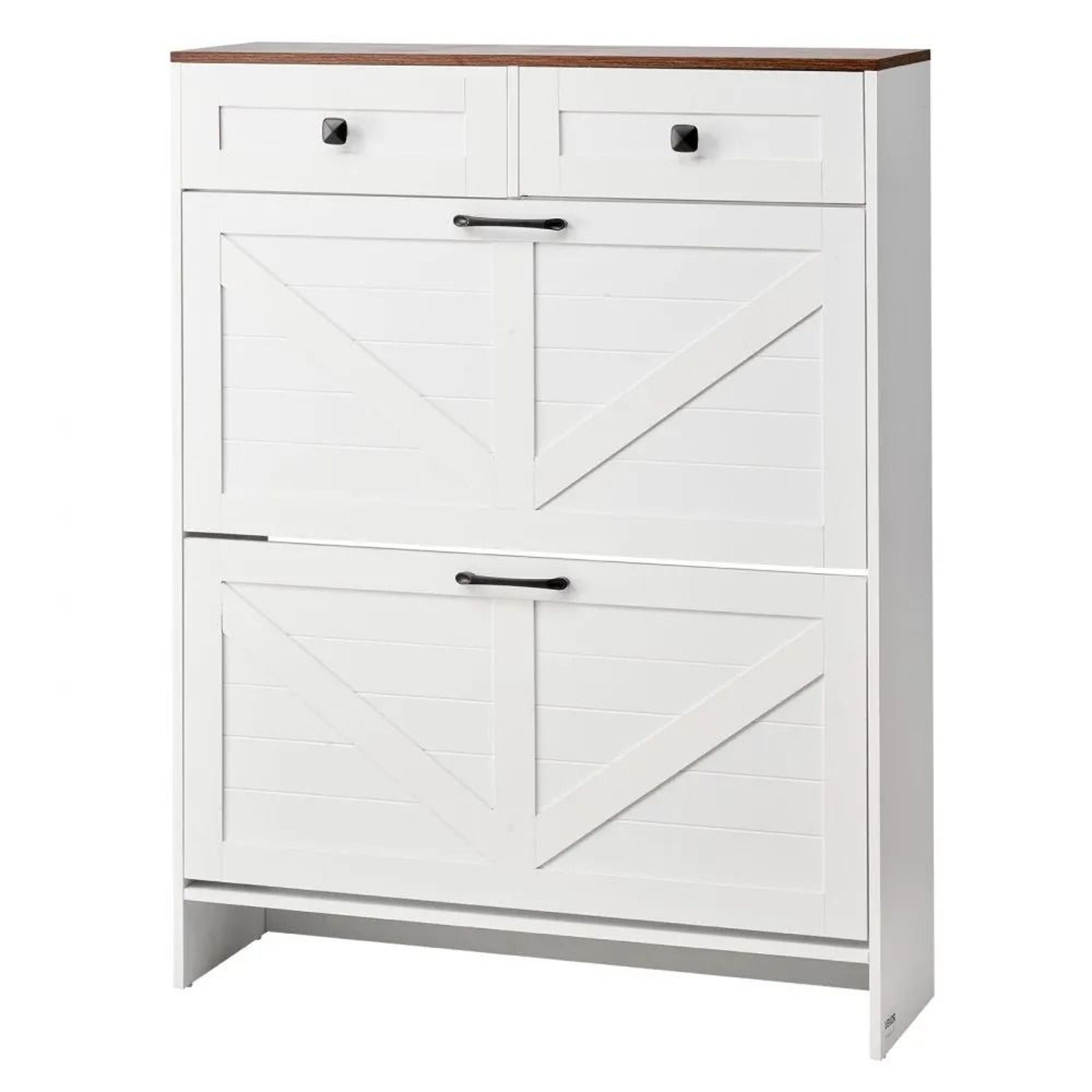 farmhouse shoe storage cabinet with 2 flip drawers and adjustable shelves