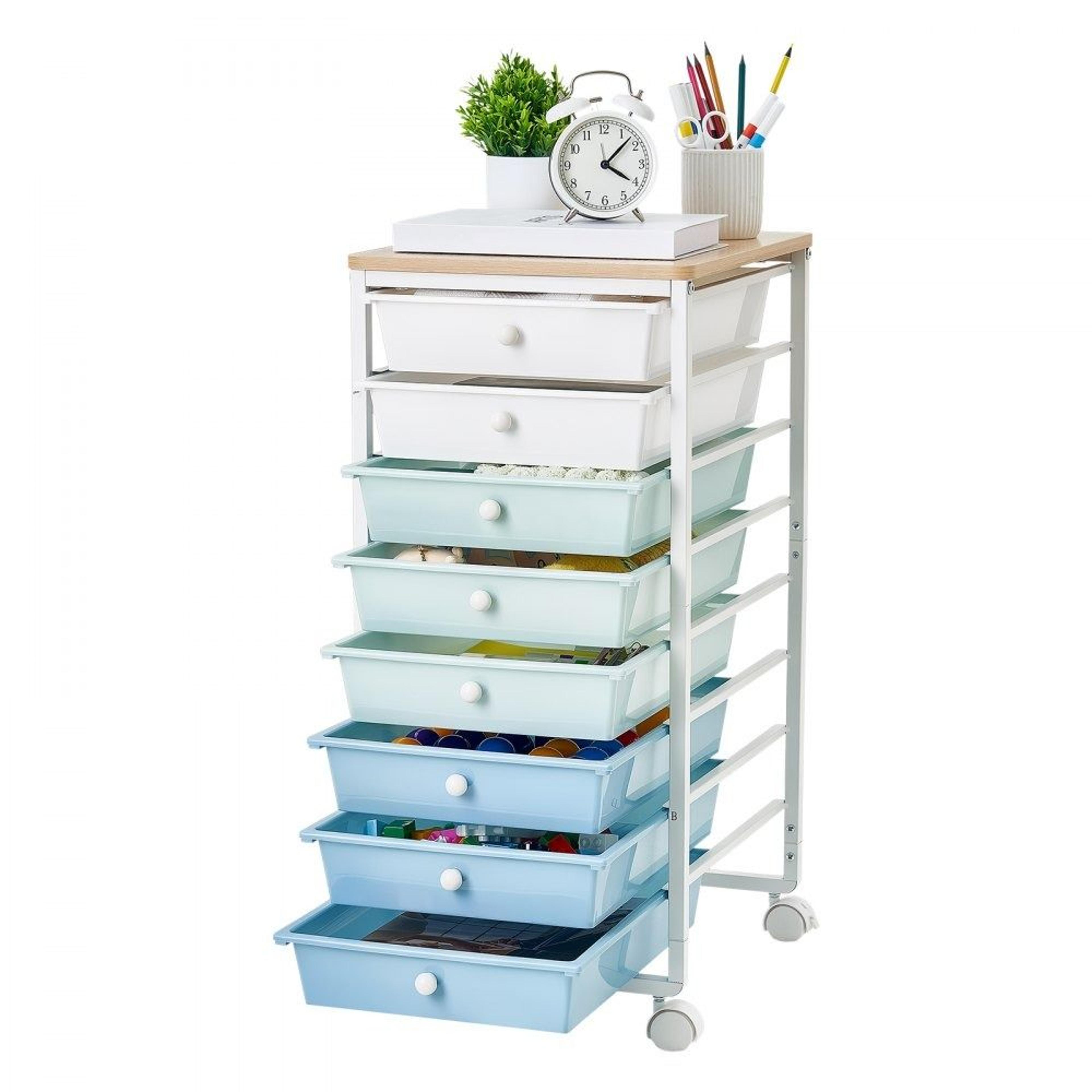 8 drawer rolling storage cart with wood top and locking wheels