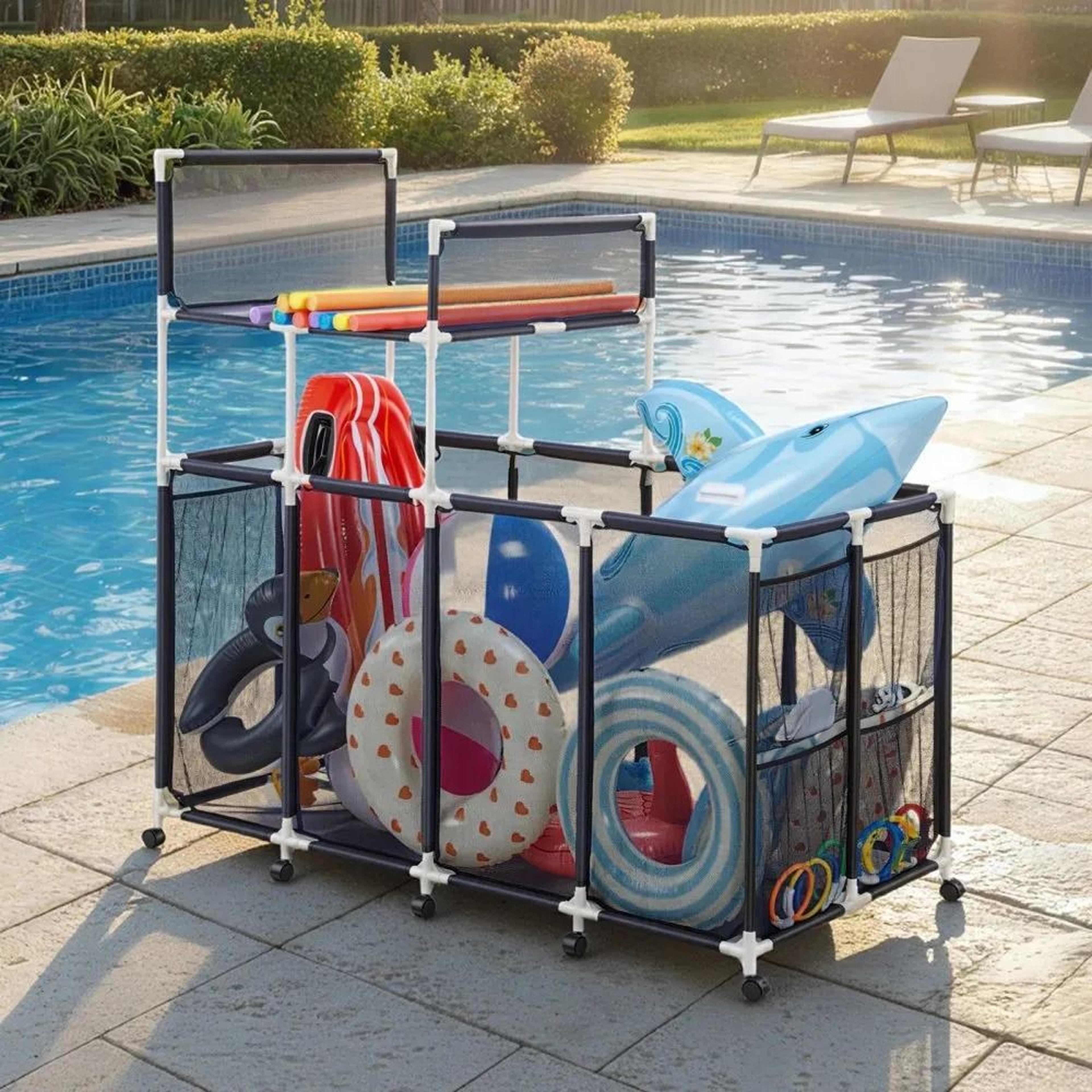 Pool Storage Bin Rolling Float Organizer With Noodle Rack And Mesh Basket 5