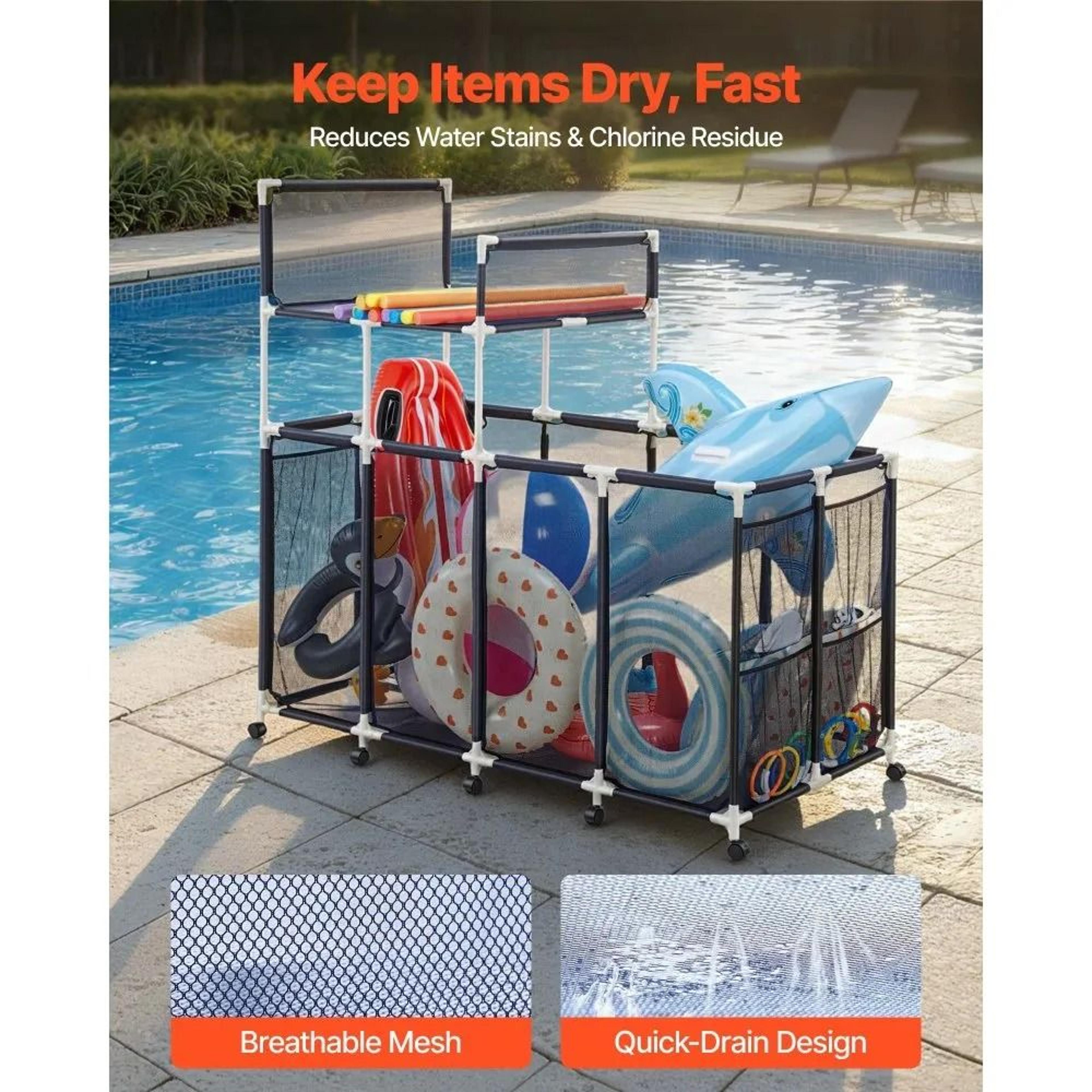 Pool Storage Bin Rolling Float Organizer With Noodle Rack And Mesh Basket 4