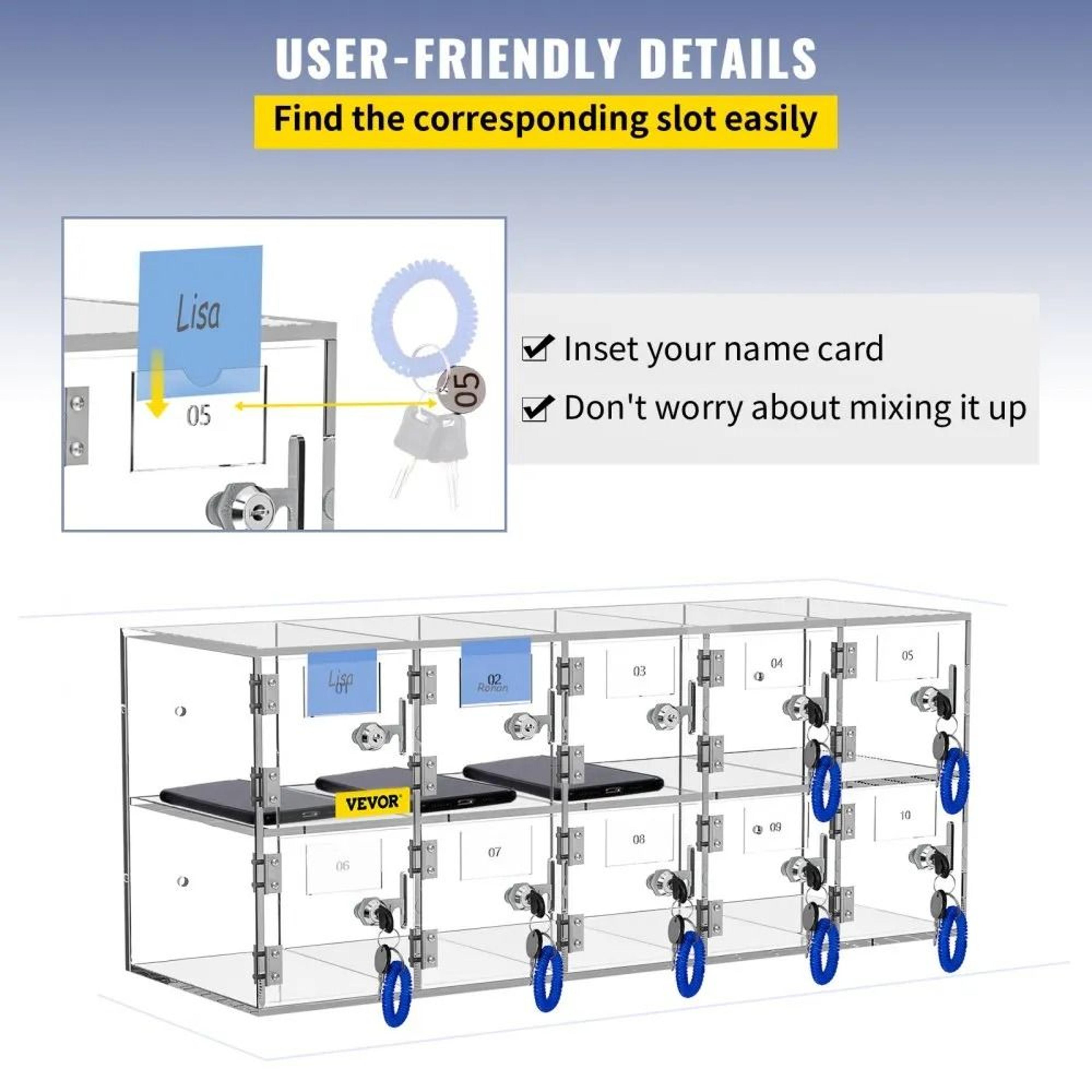 10 Slot Acrylic Cell Phone Locker With Locks Keys And Wall Mount Design 3