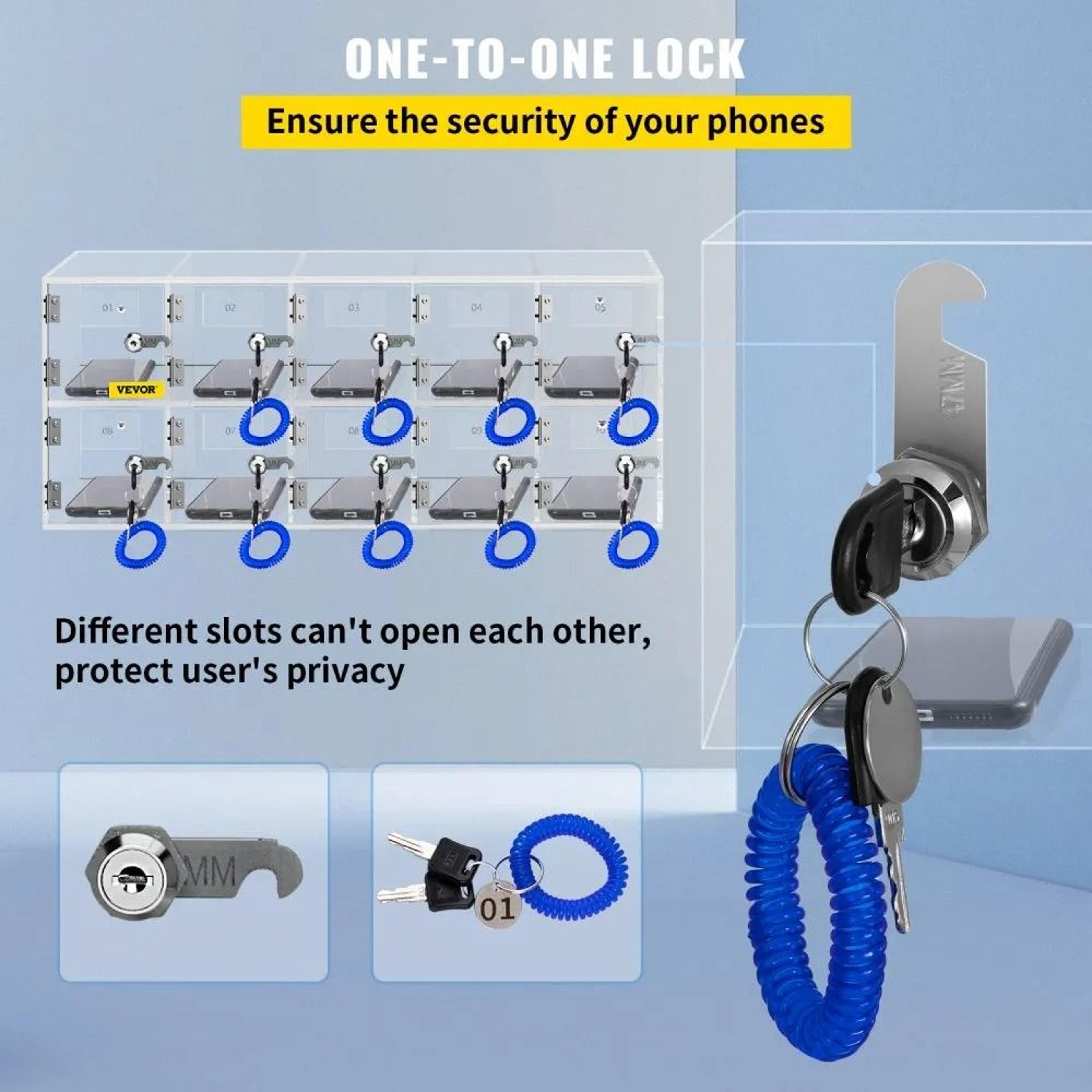 10 Slot Acrylic Cell Phone Locker With Locks Keys And Wall Mount Design 2