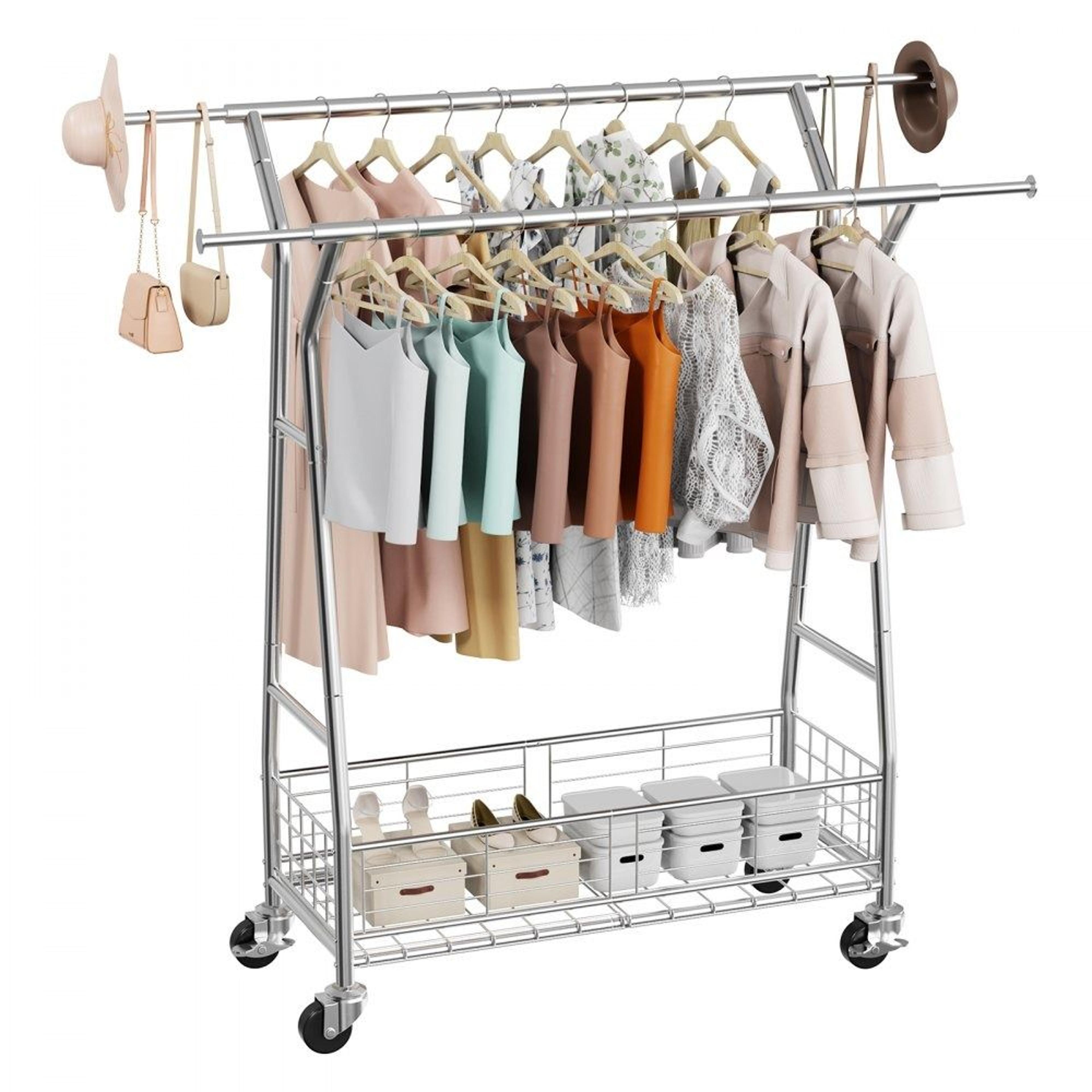 rolling clothes rack with 2 rods and storage basket heavy duty garment rack